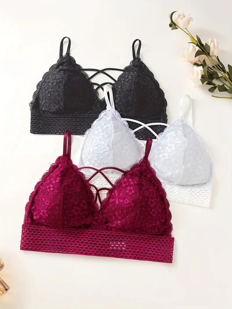 Floral Lace Wireless Bra Comfy Breathable Cross Strappy Push - Temu
