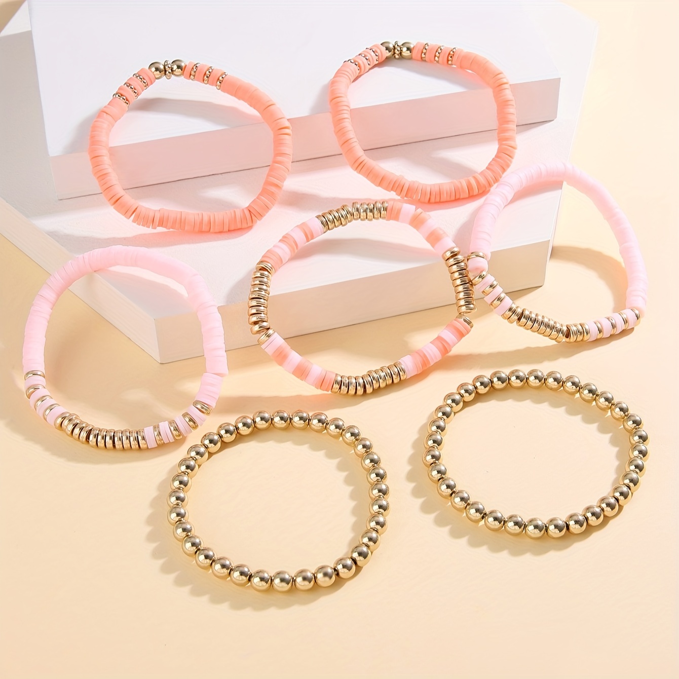 Pink Clay Bead Bracelets Set 