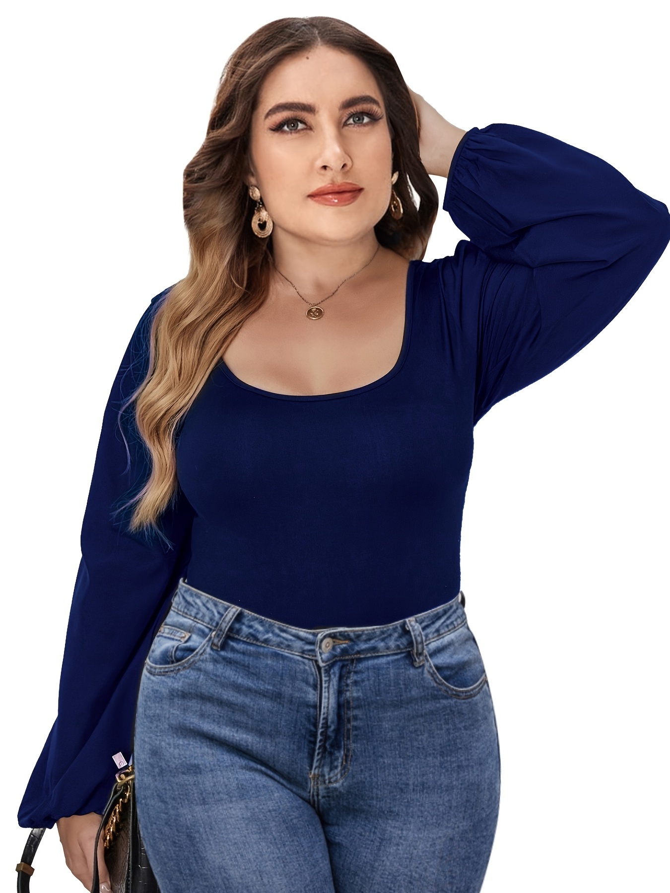 Plus Size Casual Bodysuit, Women's Plus Solid Long Sleeve Round Neck Medium  Stretch Bodysuit