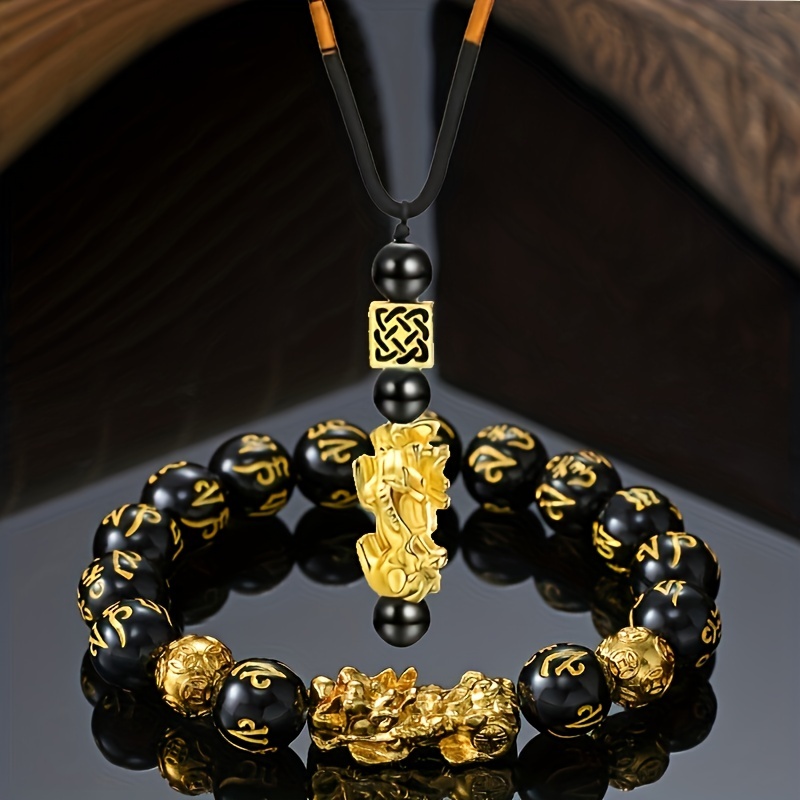 

New Pixiu Feng Shui Black Obsidian Wealth Bracelet Necklace Set Good Luck Men Women Jewelry Chinese New Year Spring Festival Wealth Jewelry Gifts