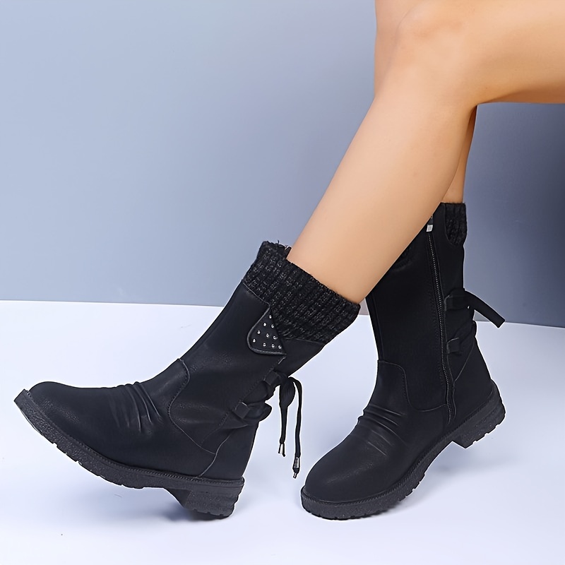 Women Buckle Lace Knitted Mid-Calf Boots Low Heel Round Toe Boots