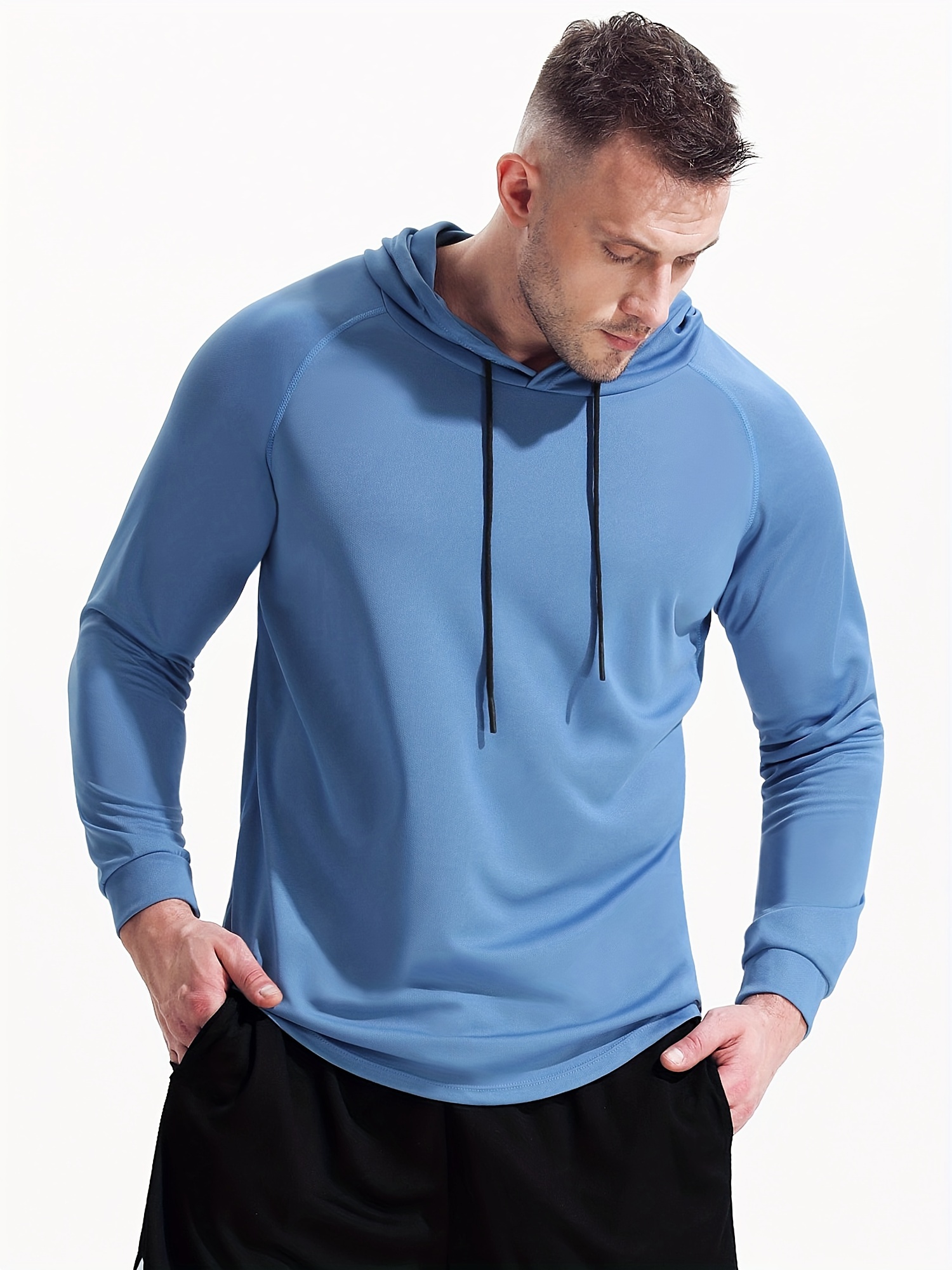 Solid Hooded Long Sleeve Shirt, Men's Blue Muscle Training Fitness Loose Casual Sports Dry Hoodie Sweater,Winter Outfit,Temu