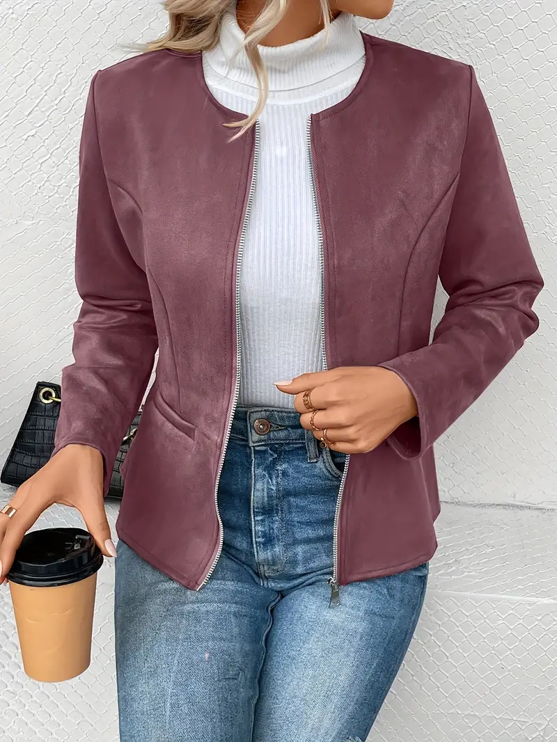 plus size elegant jacket womens plus solid long sleeve zip up round neck jacket details 4