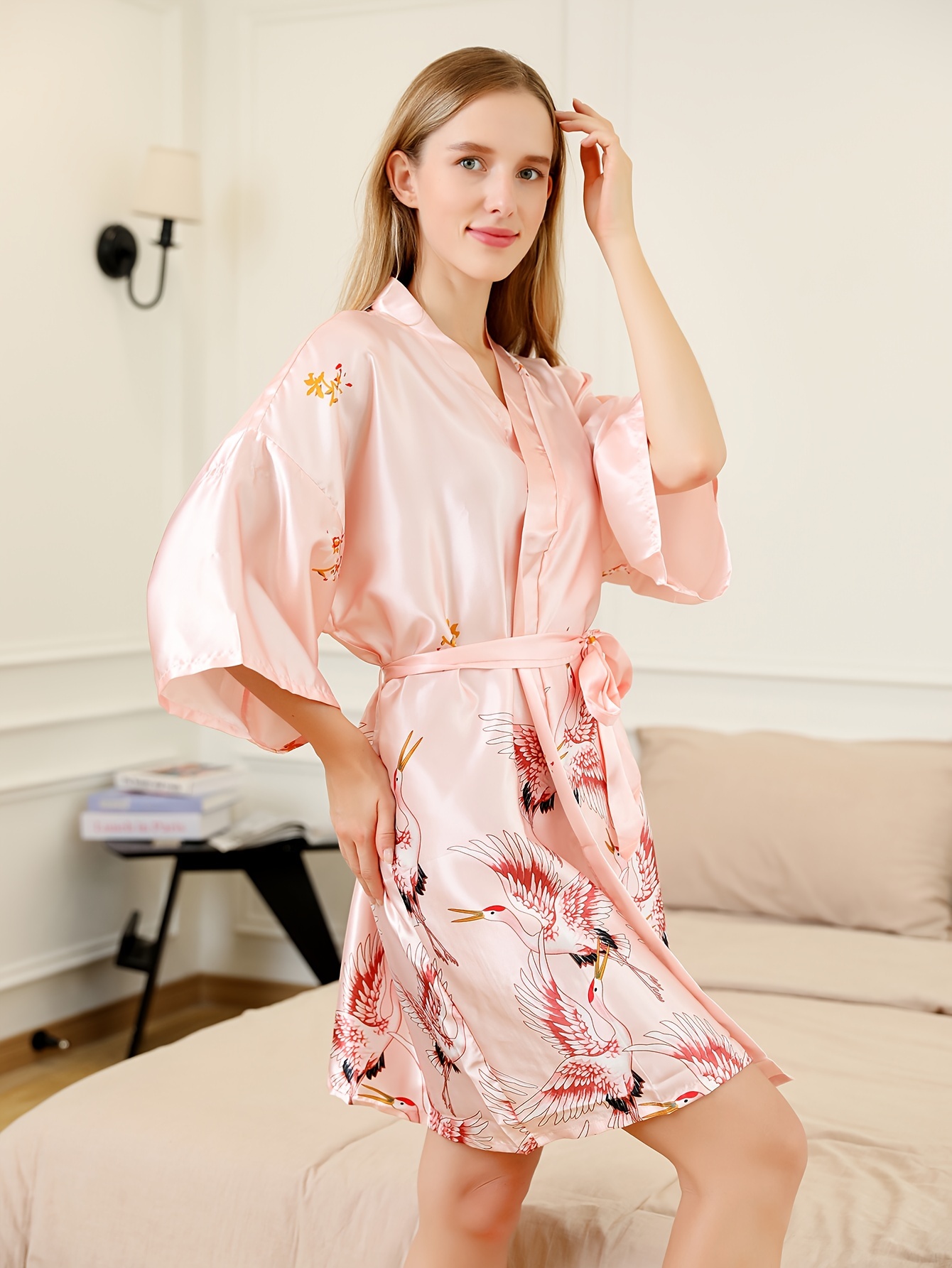 crane print night robe 3 4 sleeve v neck robe belt womens - Temu Malta