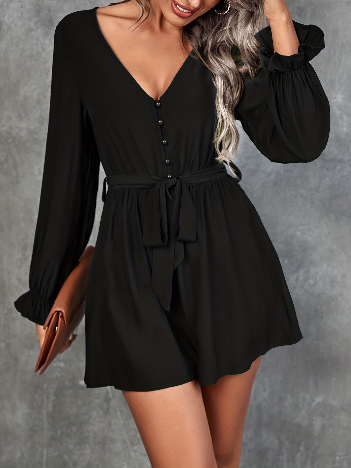 Button Front Solid Romper Jumpsuit Casual Long Sleeve Turn - Temu