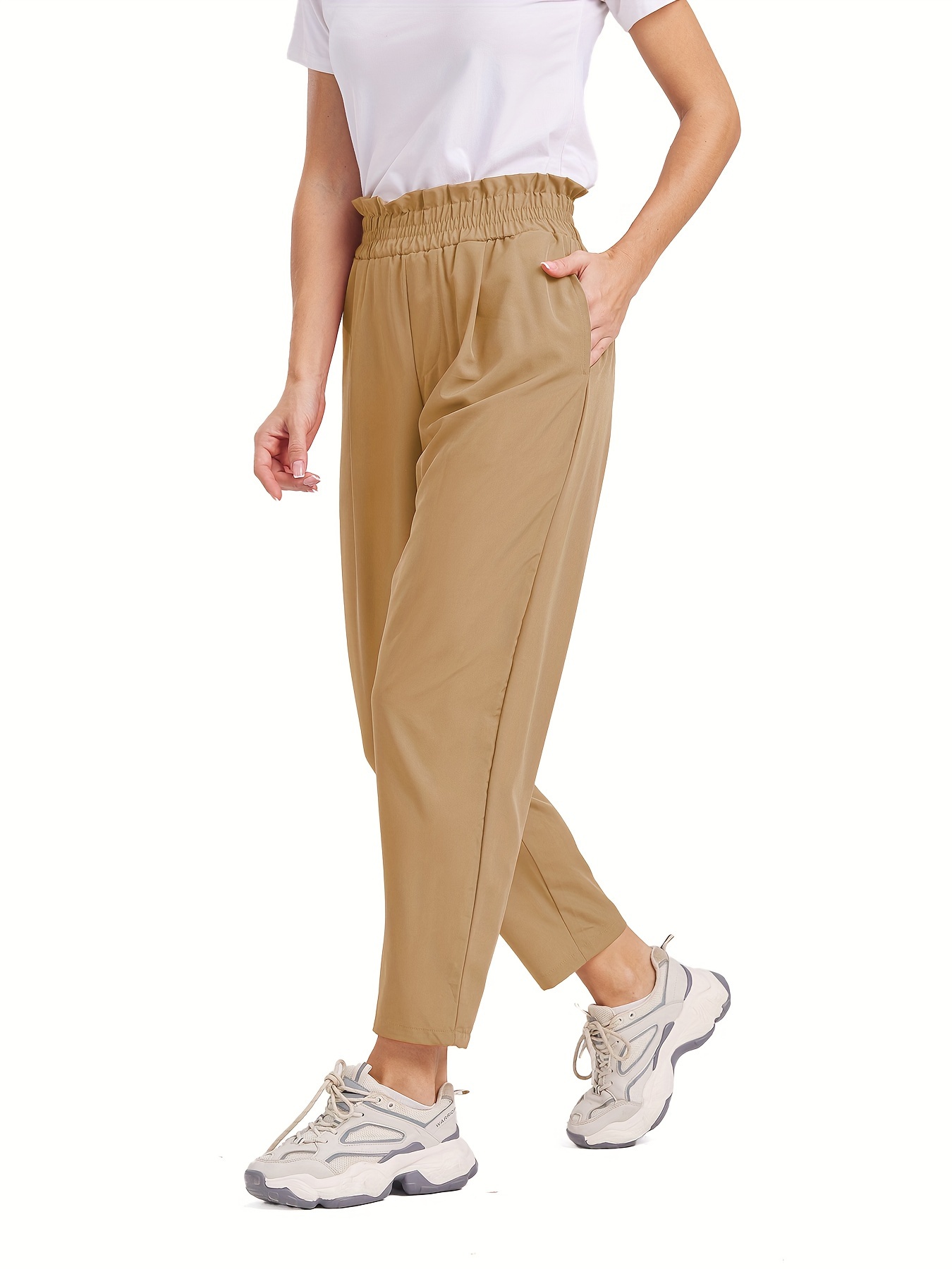 Solid Side Pockets Running Cropped Pants High Waist Fashion - Temu Canada