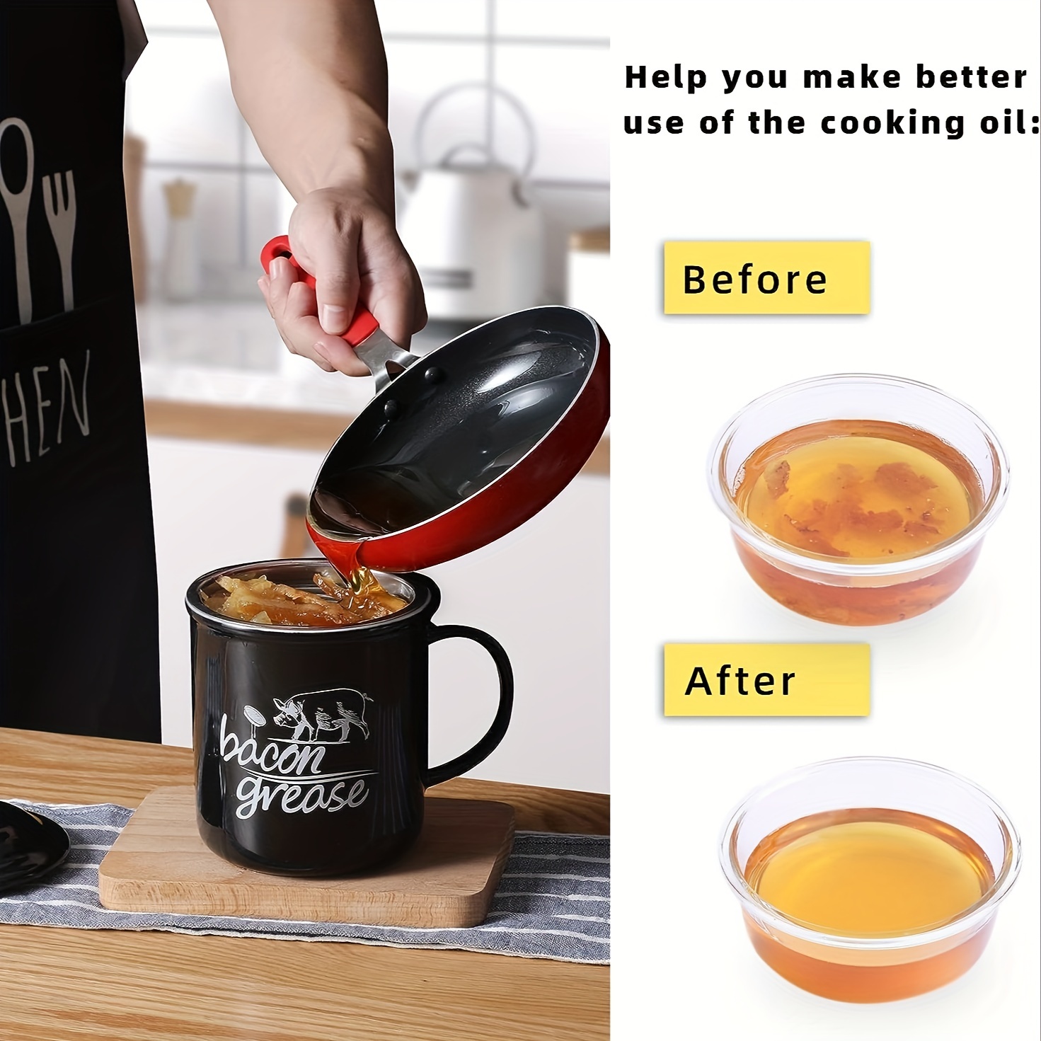 Bacon Grease Container With Strainer, Cooking Oil Can for Kitchen