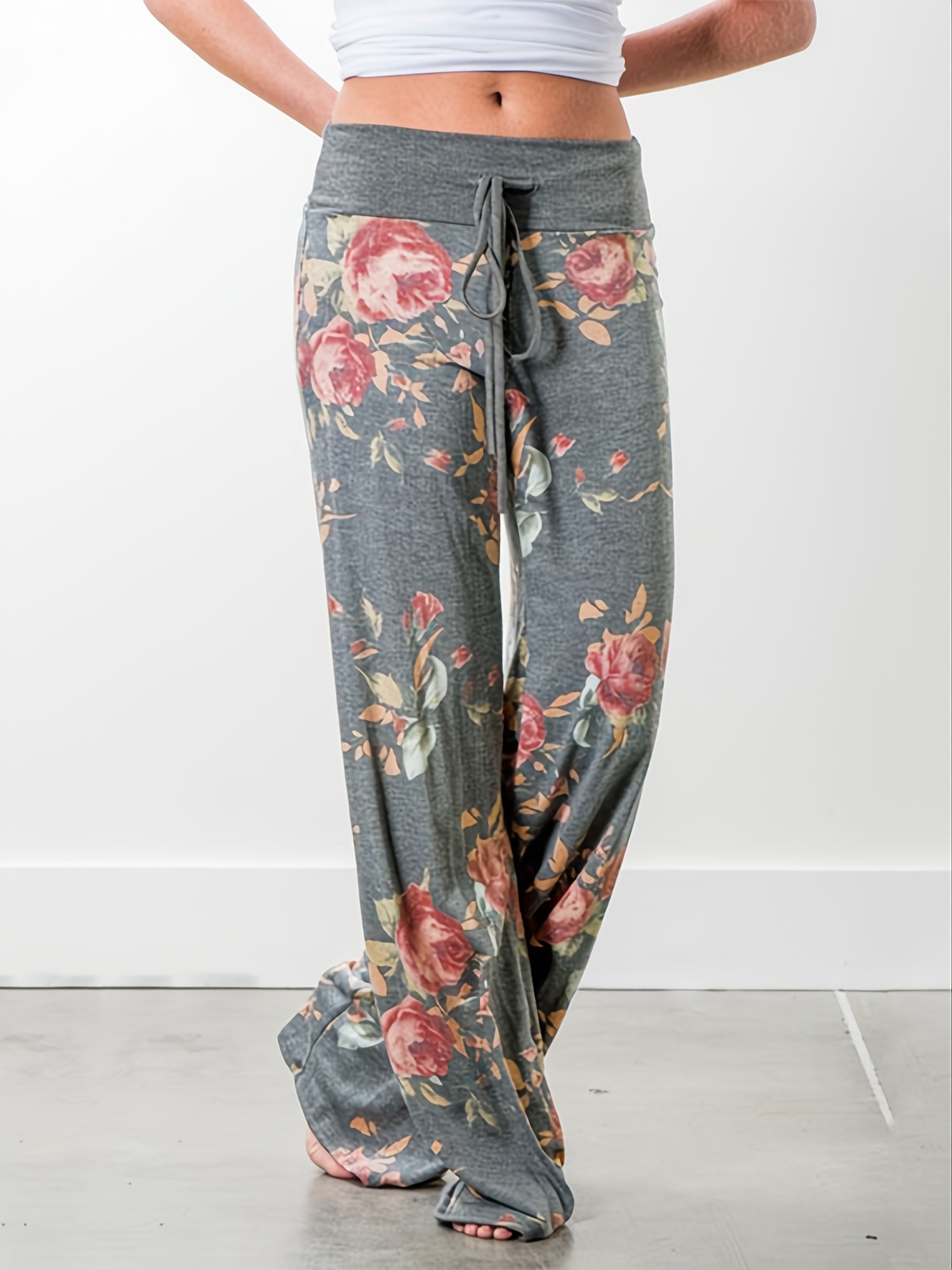 Plus Size Floral Print High Drawstring Long Pants - Temu Canada