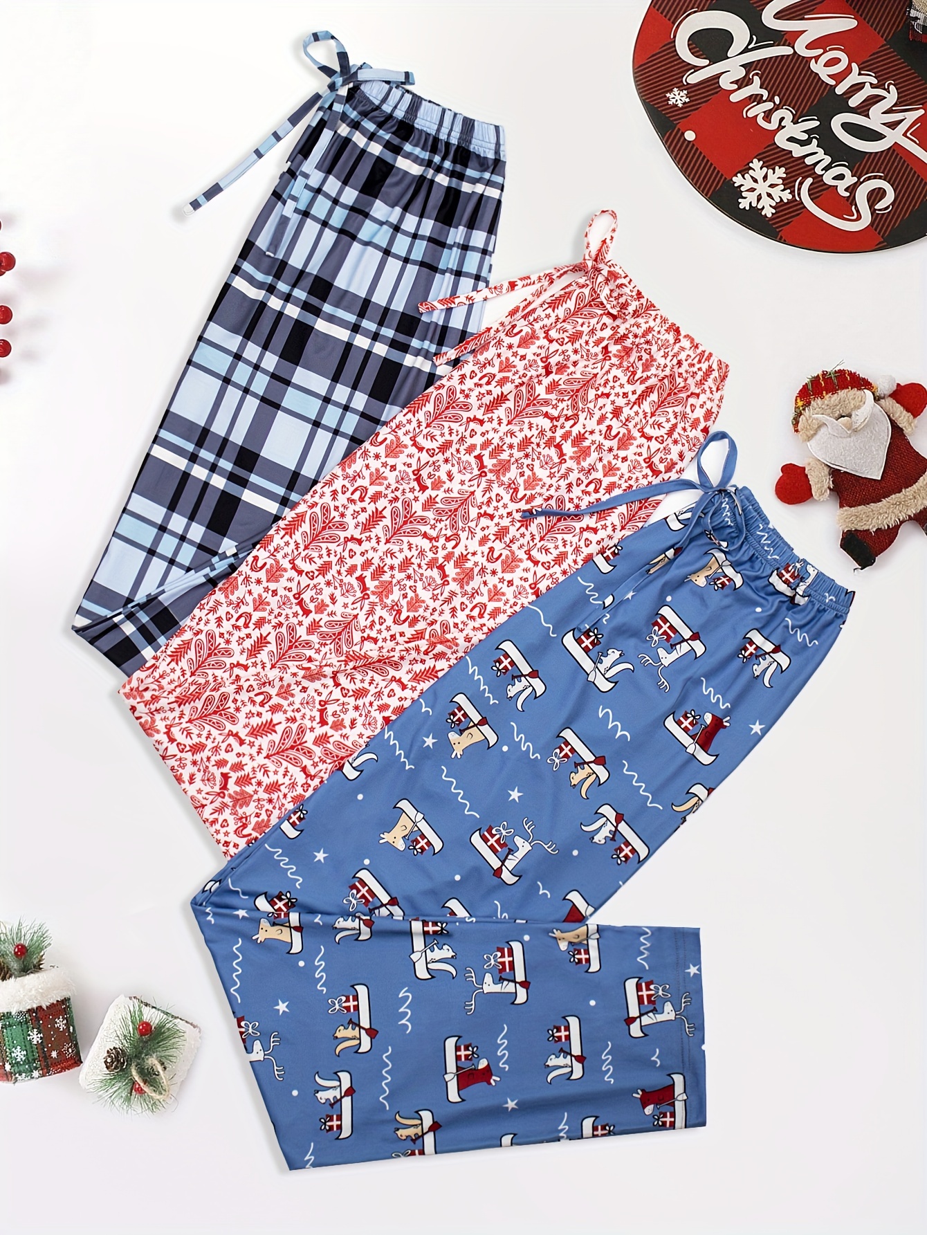 Christmas Elk Print Lounge Pants, Warm & Cute Lace Up Fuzzy Pants, Womens  Loungewear & Sleepwear