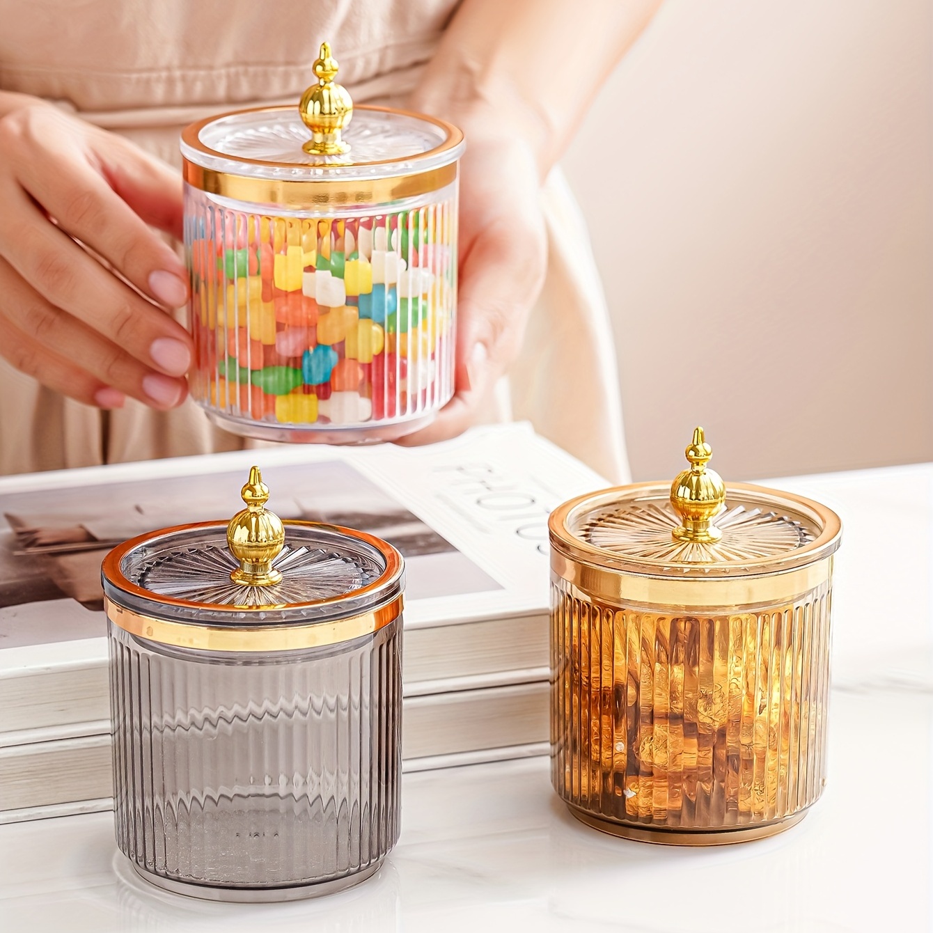 1pc Transparent Amber Sketch Gold Grey Bead Decor Sealed Jar, Candy Jars  With Lids, Plastic, Hand Wash Only, Reusable Sealed Fresh-keeping Box, For  Ce