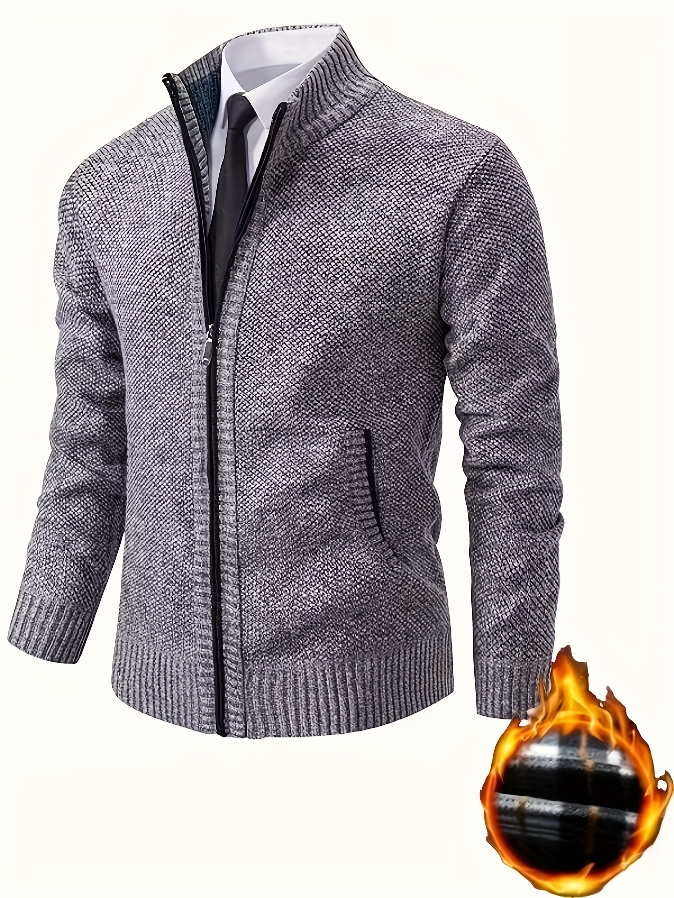 Elegant Full Zip Up Lightly Stretch Cardigan Jacket, Men's Casual