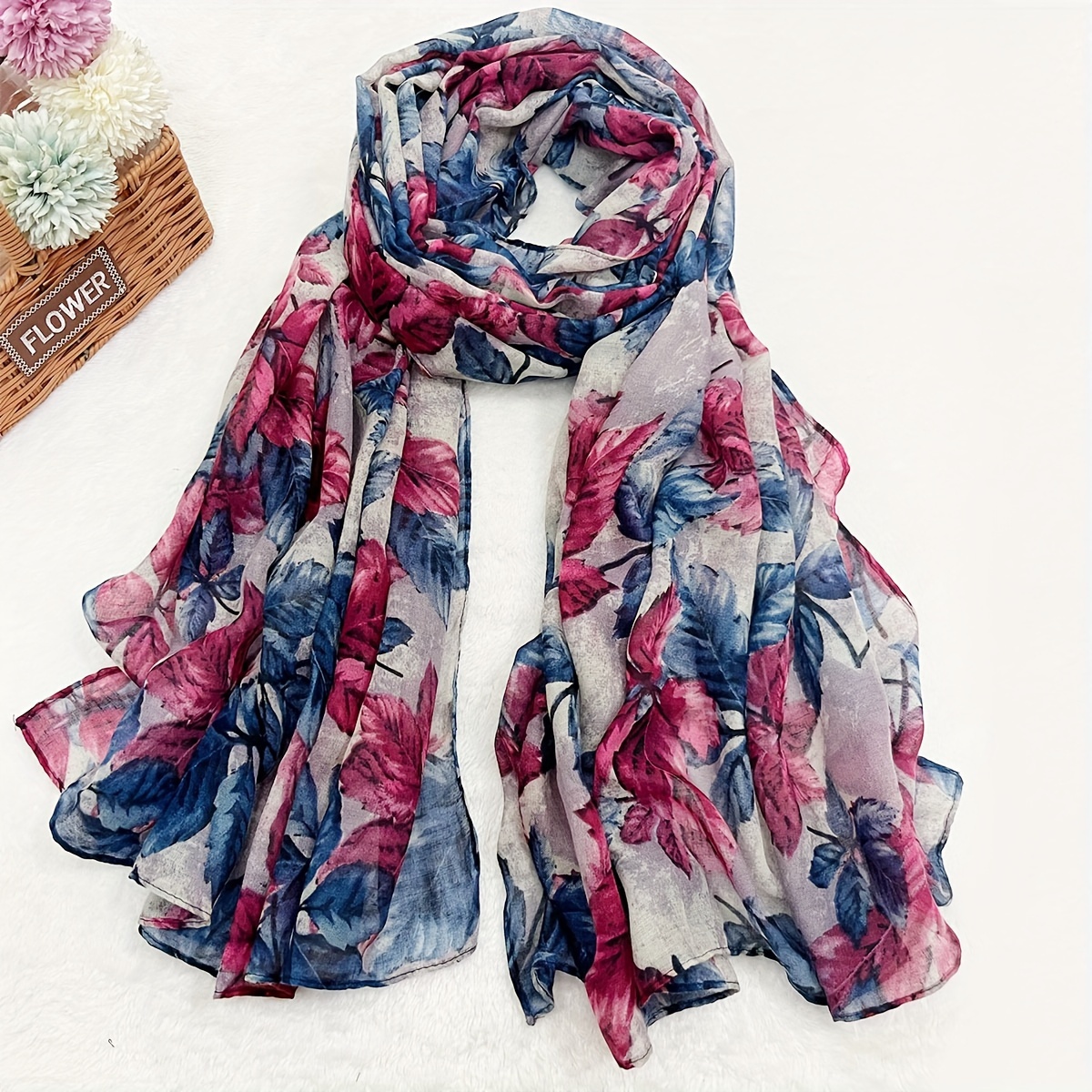 

Vintage Maple Printed Scarf Thin Breathable Shawl Summer Windproof Sunscreen Cotton Head Wrap For Women