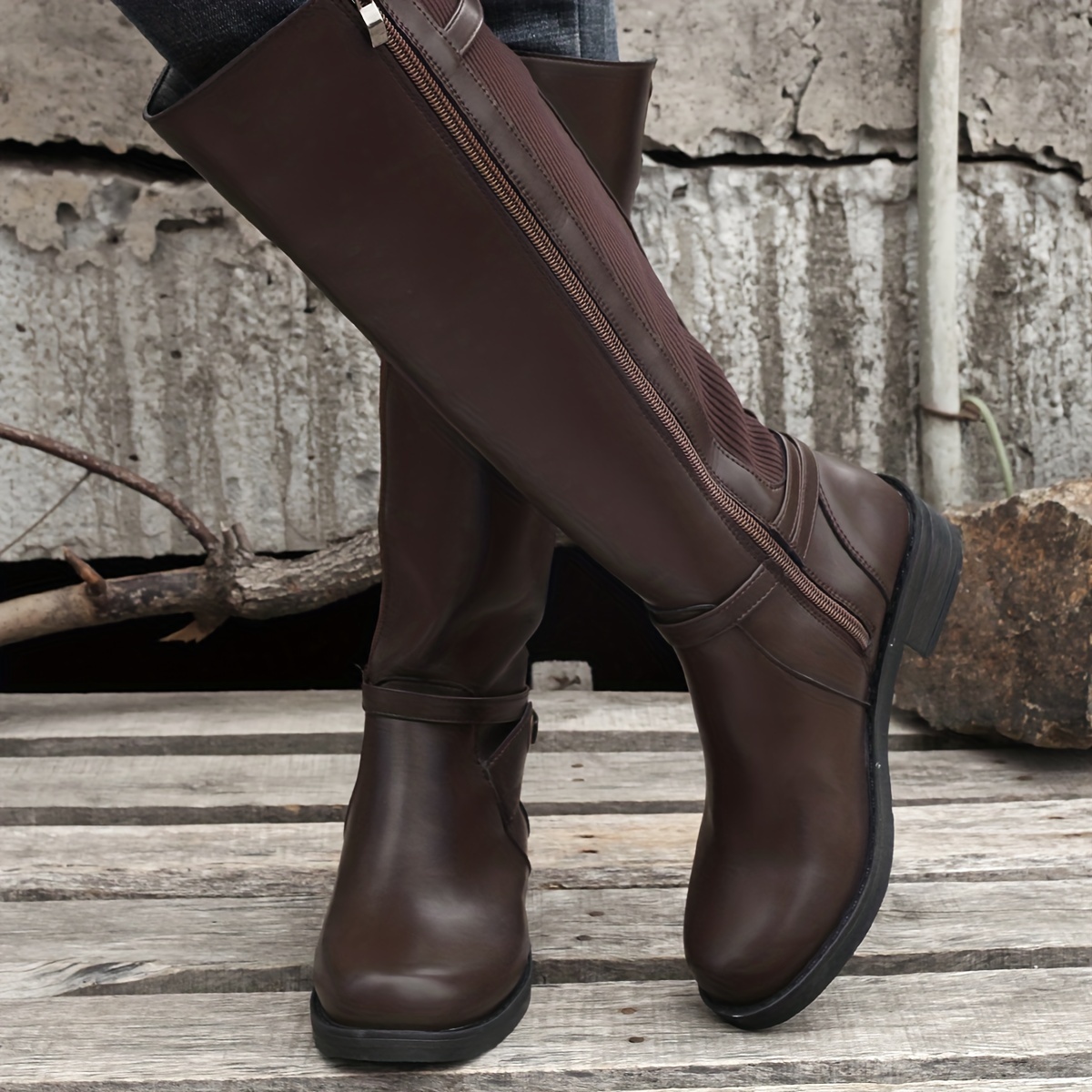 Brown mid heel knee high clearance boots