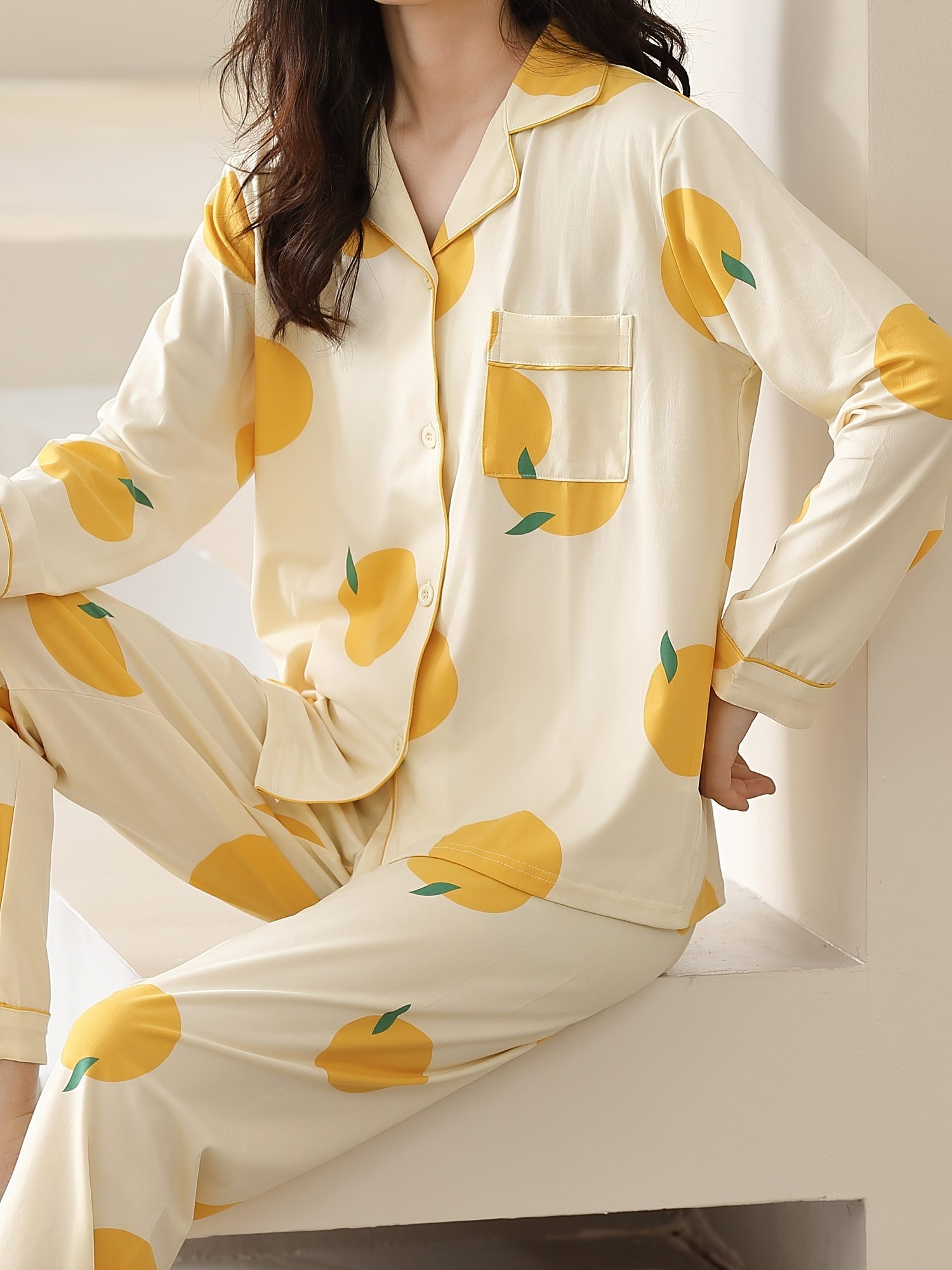 Solid Satin Pajamas Set Long Sleeve Buttons Top Elastic - Temu