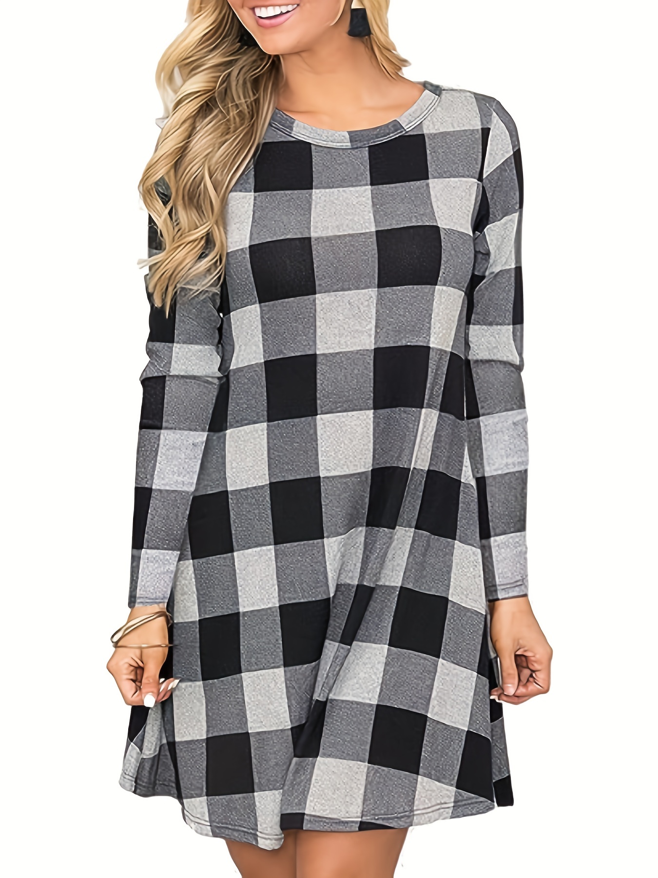 womens line plaid dress compatible round neck - Temu United Arab Emirates