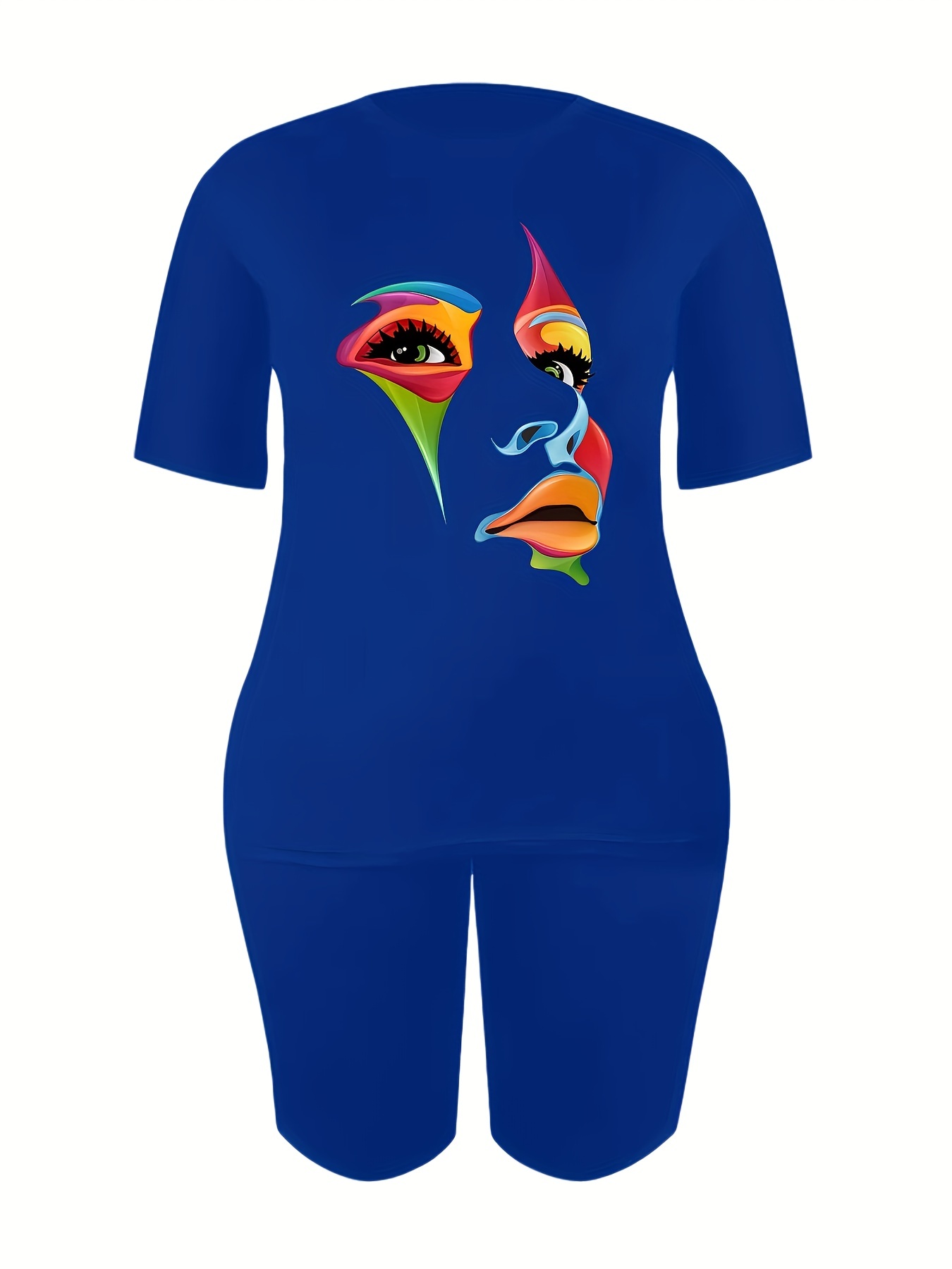 Abstract Face Print T shirt & Slim Shorts Set