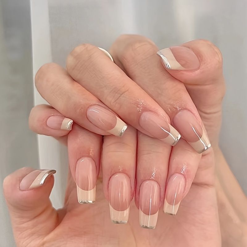 24 Pcs Acrylic Press On Nails Long Transparent Golden Pink Fake Nails For  Women And Girls Fake Nails With Nail Glue And Nail File | Shop The Latest  Trends | Temu