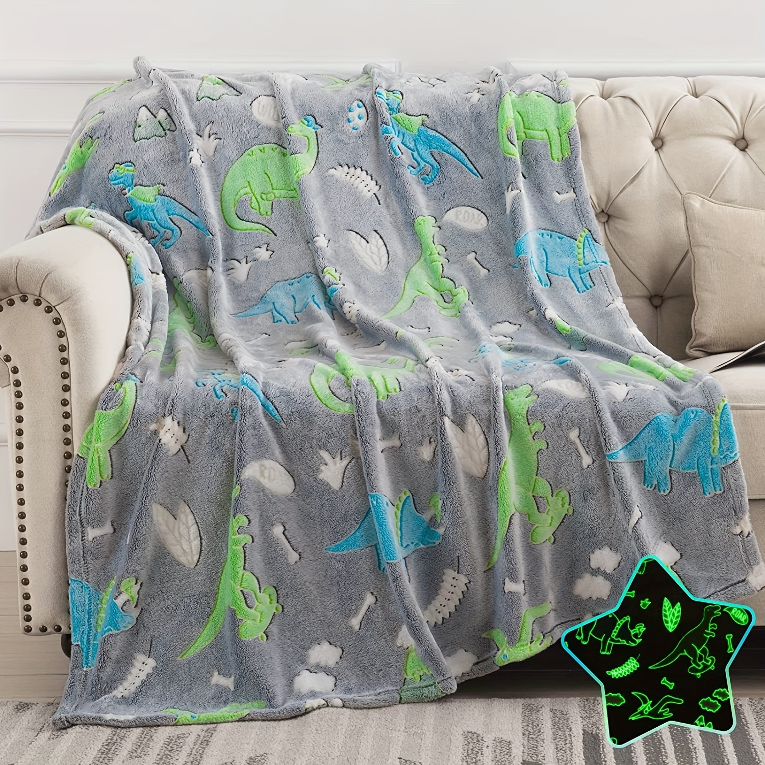 Dino Glow In The Dark Flannel Blanket Soft Throw