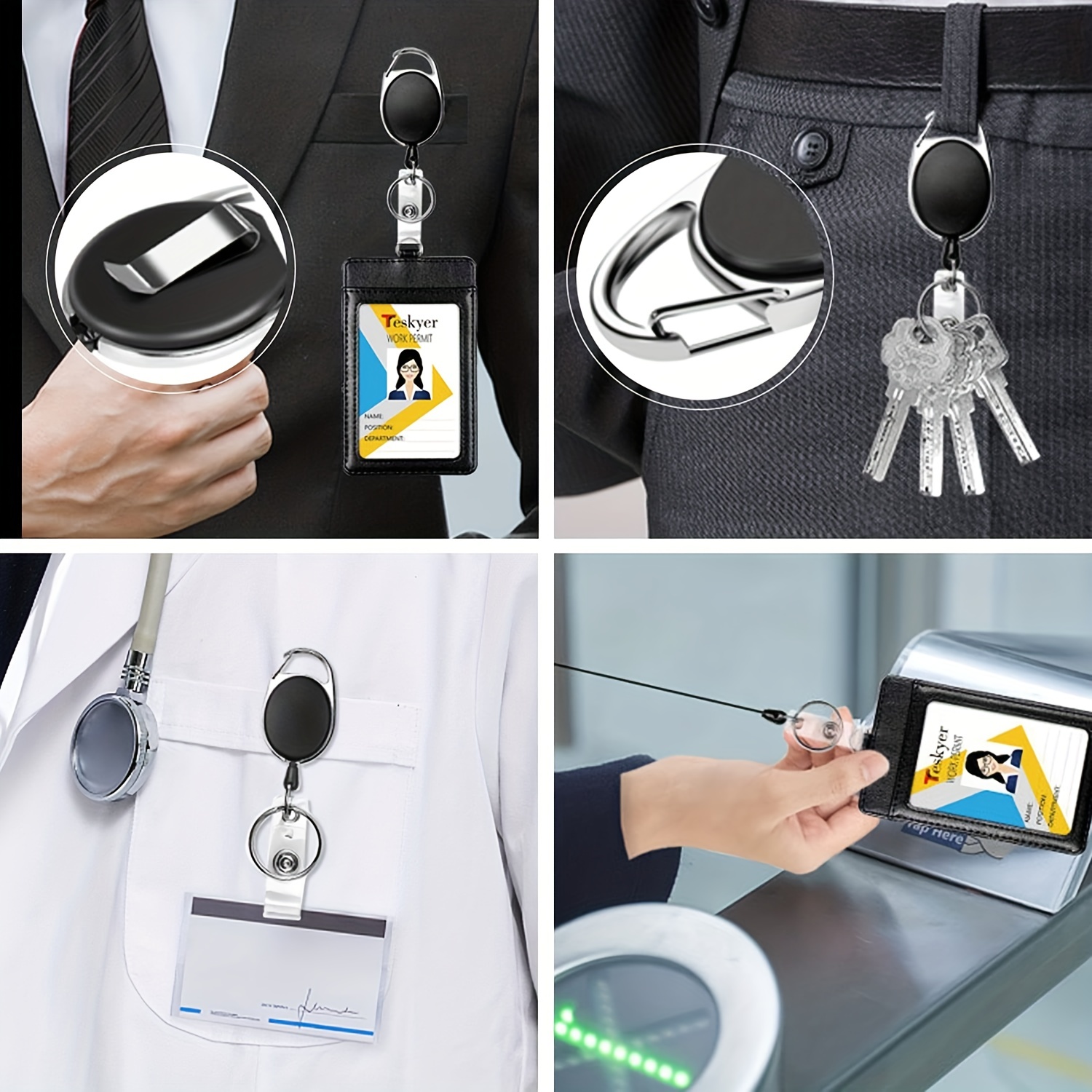 Heavy Duty Retractable Badge Holders with Carabiner Reel Clip and Vertical Clear ID Card Holder, Retractable Keychain Pull Cord for Office Work