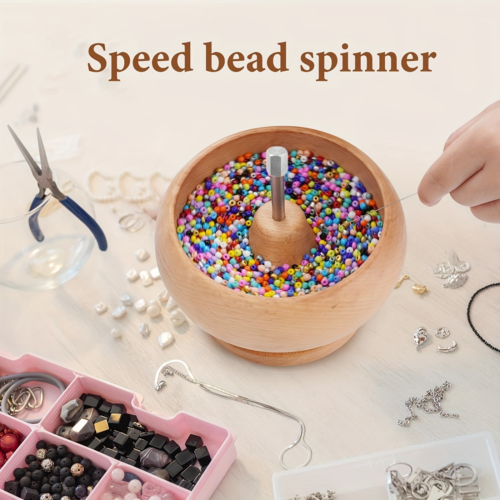 Beadalon Spin N Bead Spinner for Fast Stringing - Ideal for Beaders,  Jewelry Makers & Designers - Wood Bowl with Big Eye Needle - Saves Time &  Loads
