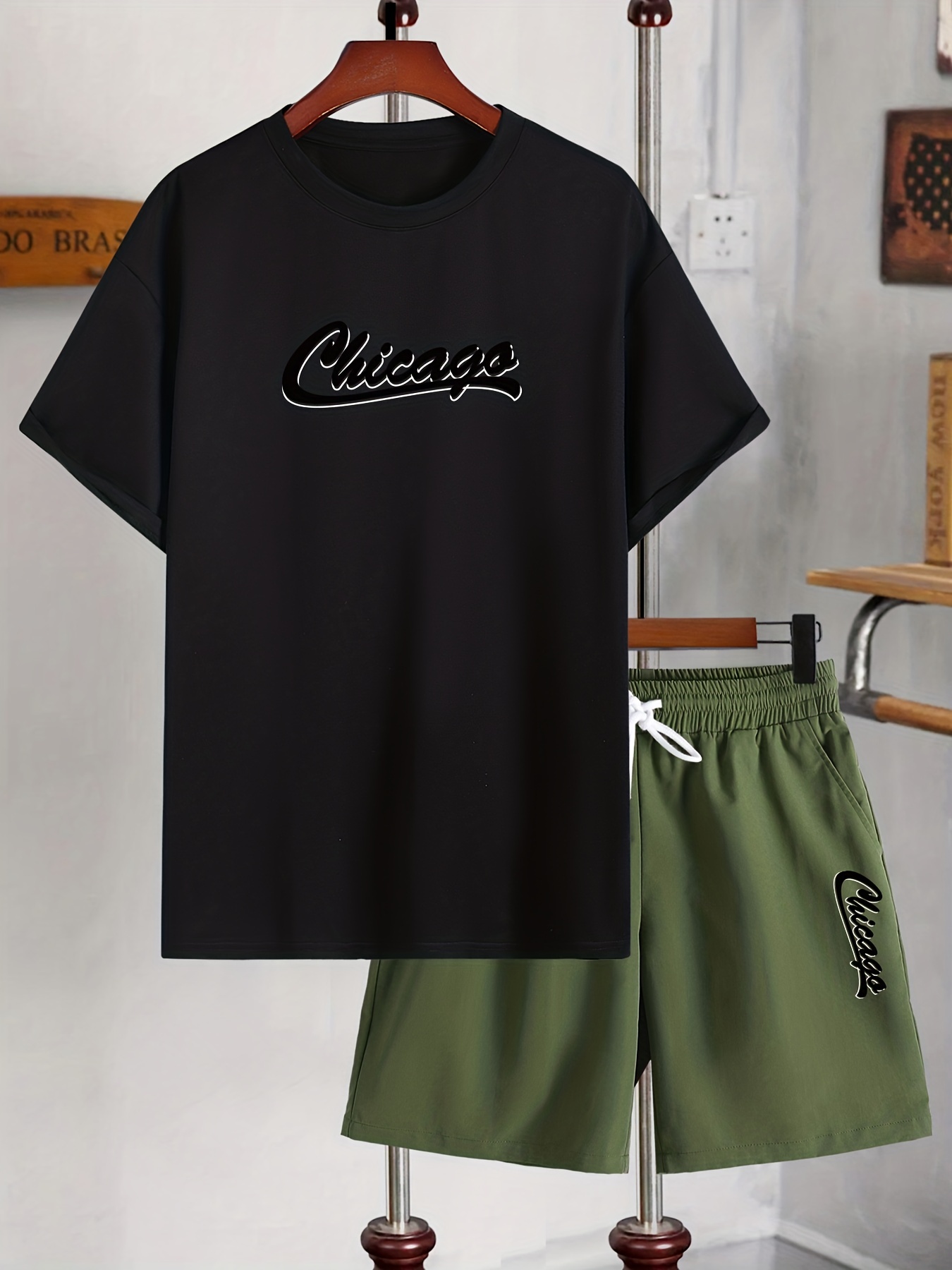 chicago'' Print,, Men's Short Sleeve Baseball Jersey Shirt And Drawstring  Shorts Set For Summer - Temu