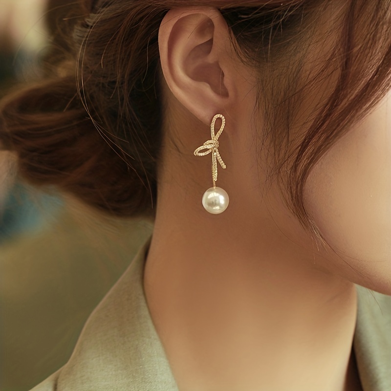 

Faux Pearl Pendant Knot Design Shiny Zircon Decor Dangle Earrings Elegant Sexy Style Delicate Female Gift