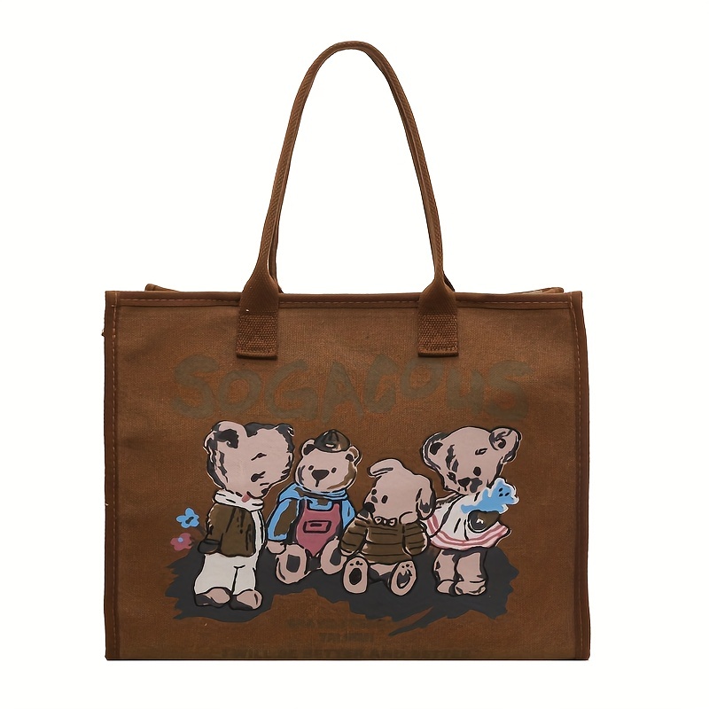 Cartoon Bear & Plaid Print Shoulder Bag, Canvas Handbag For School, Women's  Versatile Shopper Bag - Temu