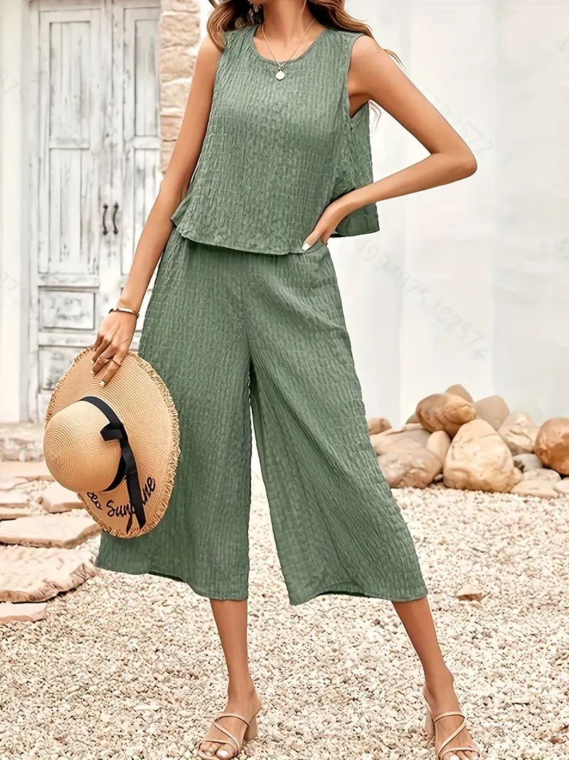 Solid Casual Two piece Set Sleeveless Crew Neck Tops Palazzo