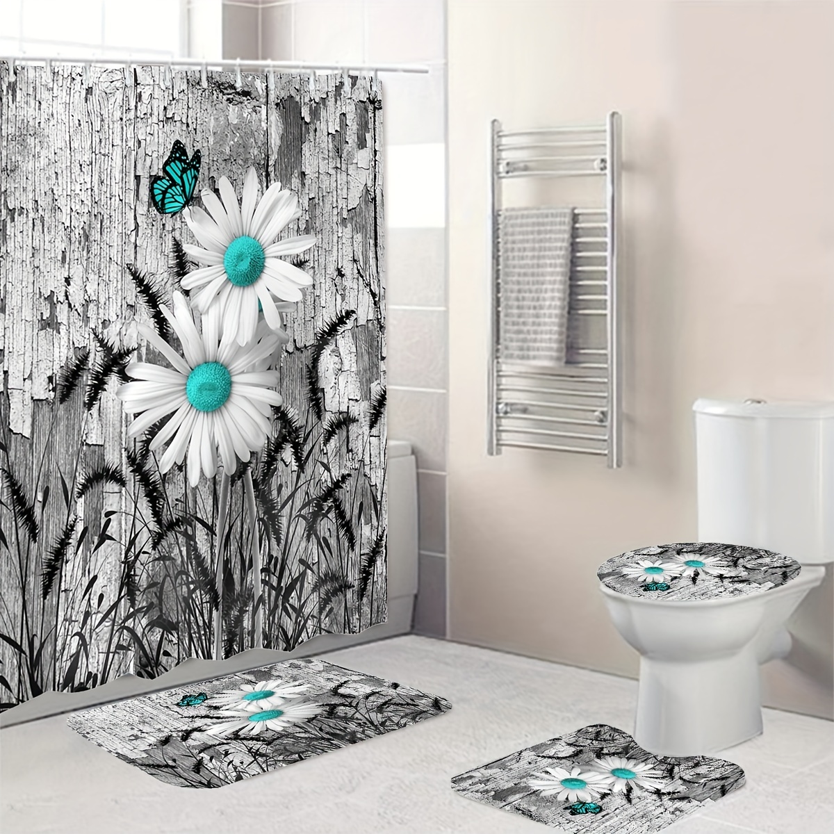Shower Curtain Set Teal Flower Print Bathroom Rug U shape - Temu Canada