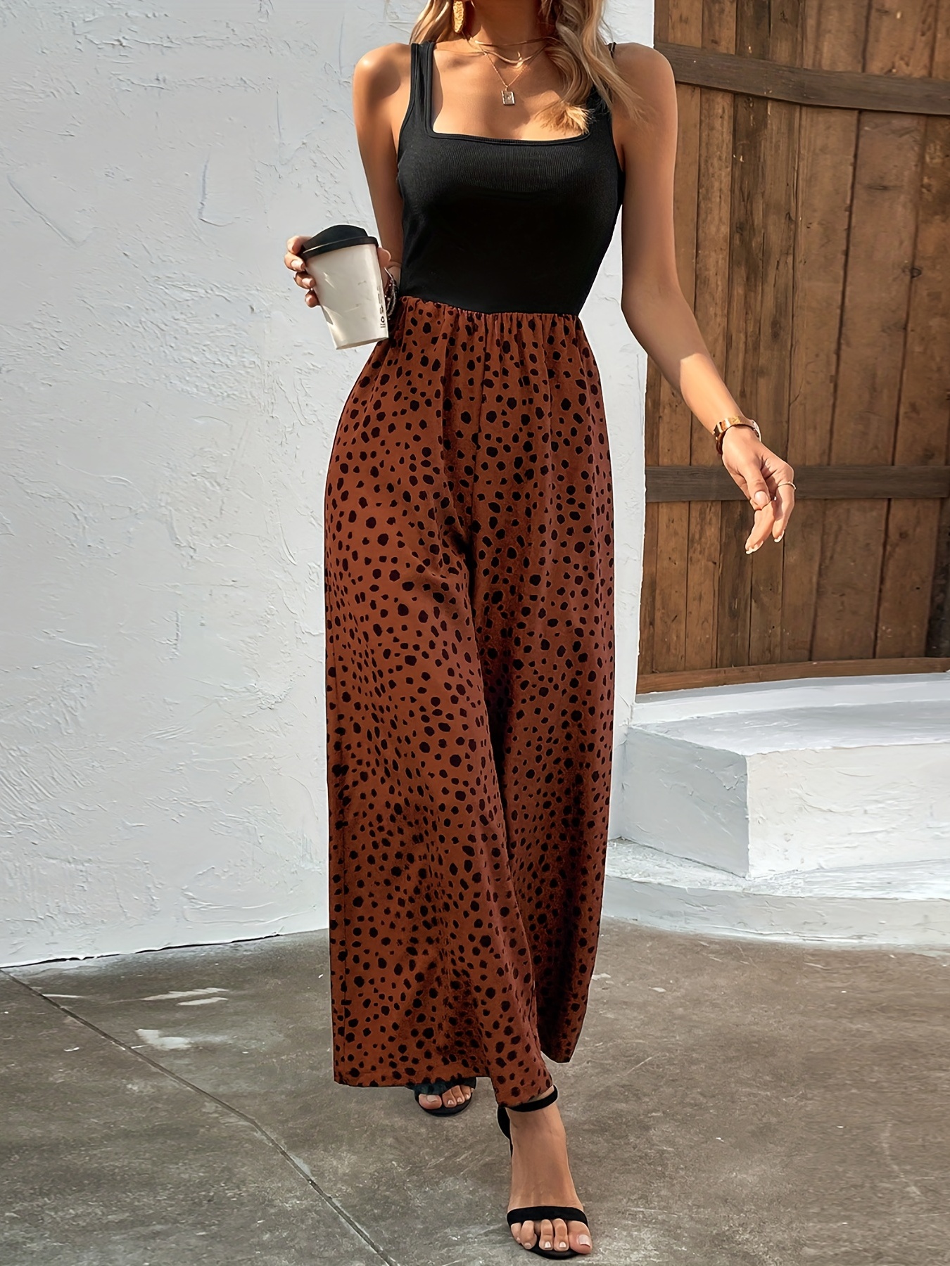 Dalmatian Print Wide Leg Jumpsuit Boho Sleeveless Jumpsuit - Temu