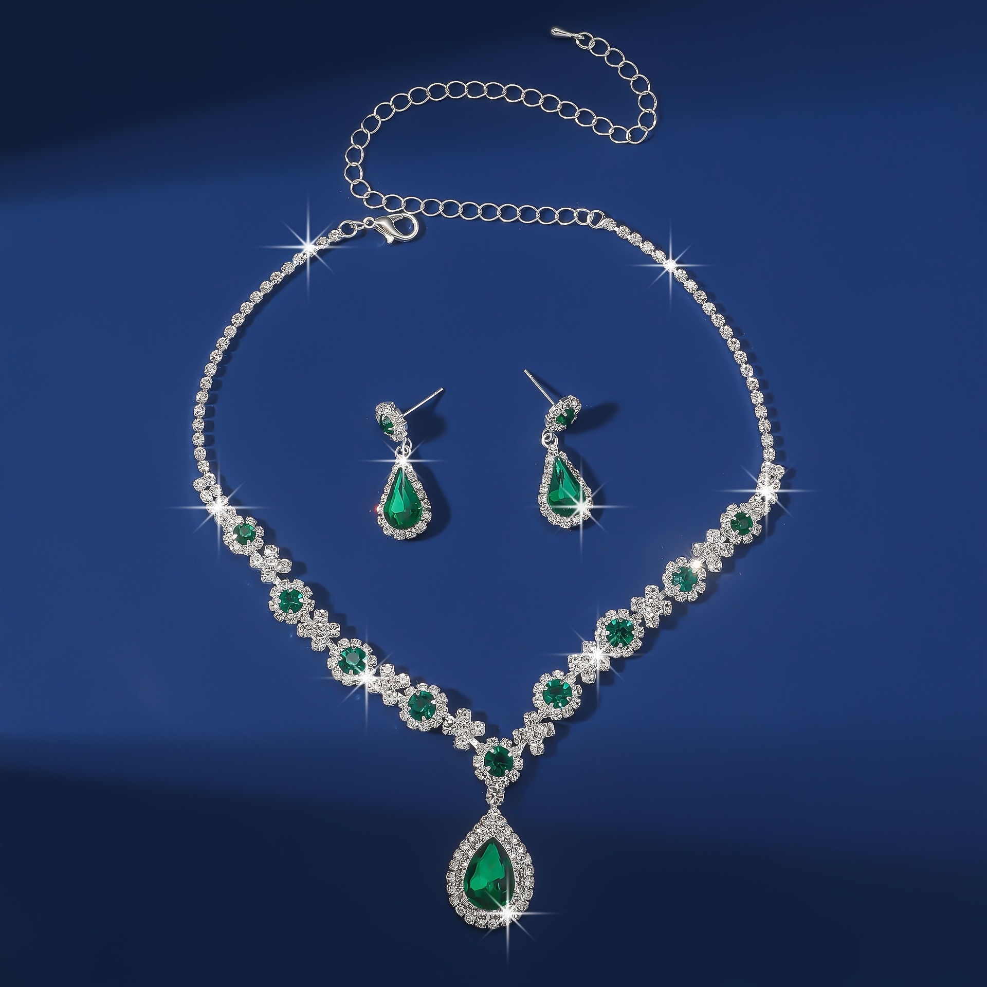 1 pair of earrings 1 necklace elegant jewelry set inlaid rhinestone in waterdrop shape green or black make your call evening party decor details 2