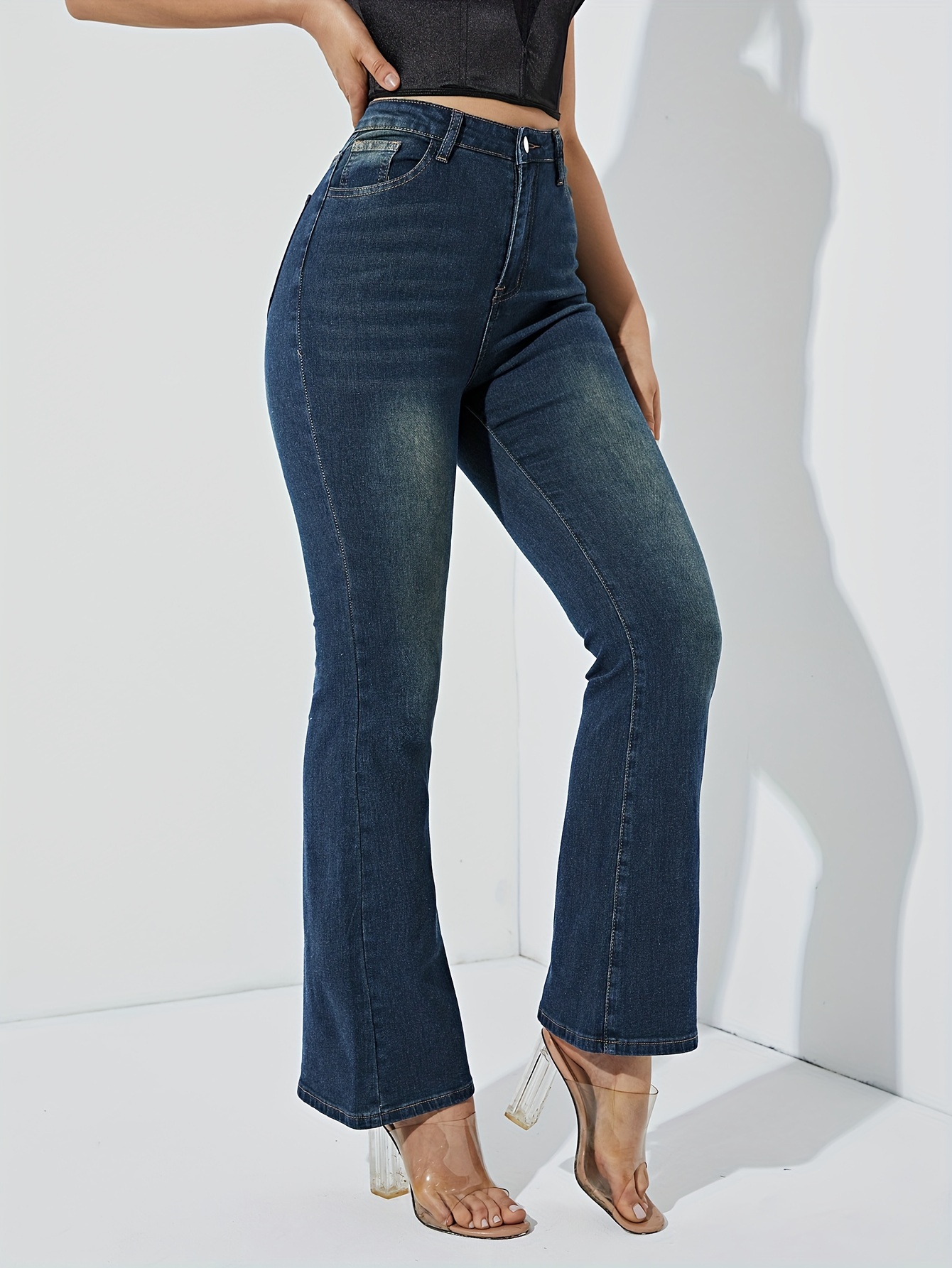 Plicated Pattern Bootcut Jeans, Star & Stripe Printed Patched Pocket Back  Casual Denim Pants, Women's Denim Jeans & Clothing