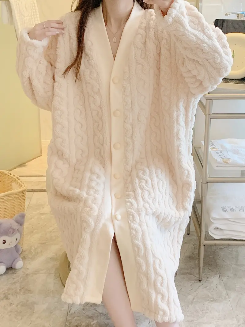 Cardigan Button Long Robe Thickened Fuzzy Solid Lounge Robe - Temu