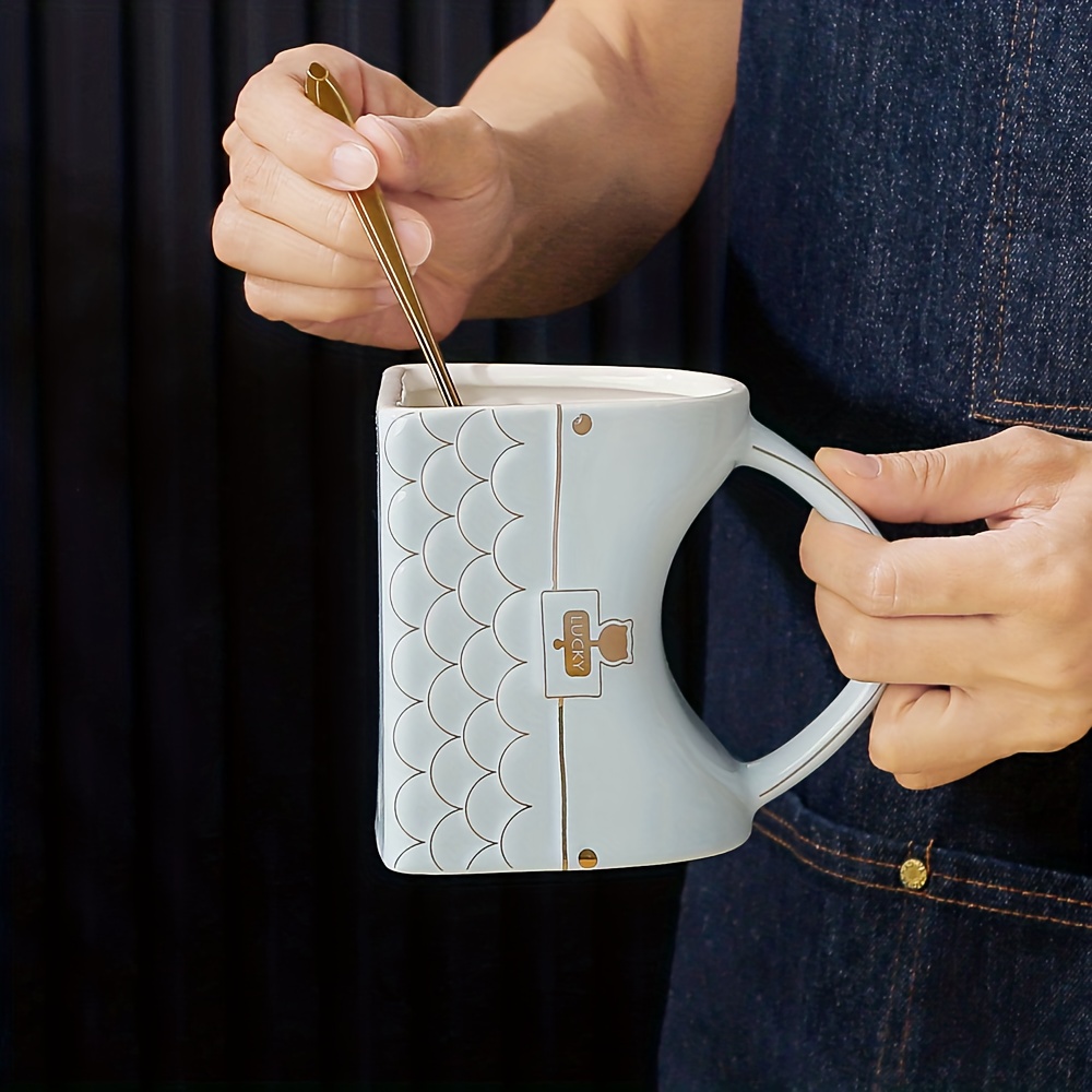 Asiasioc Purse Mug Bag Shaped Ceramic Cup Coffees Mug Cup Set Design Drawing Gold Handbag Style Mug with Spoon Business Gift Tea Mugs (White)