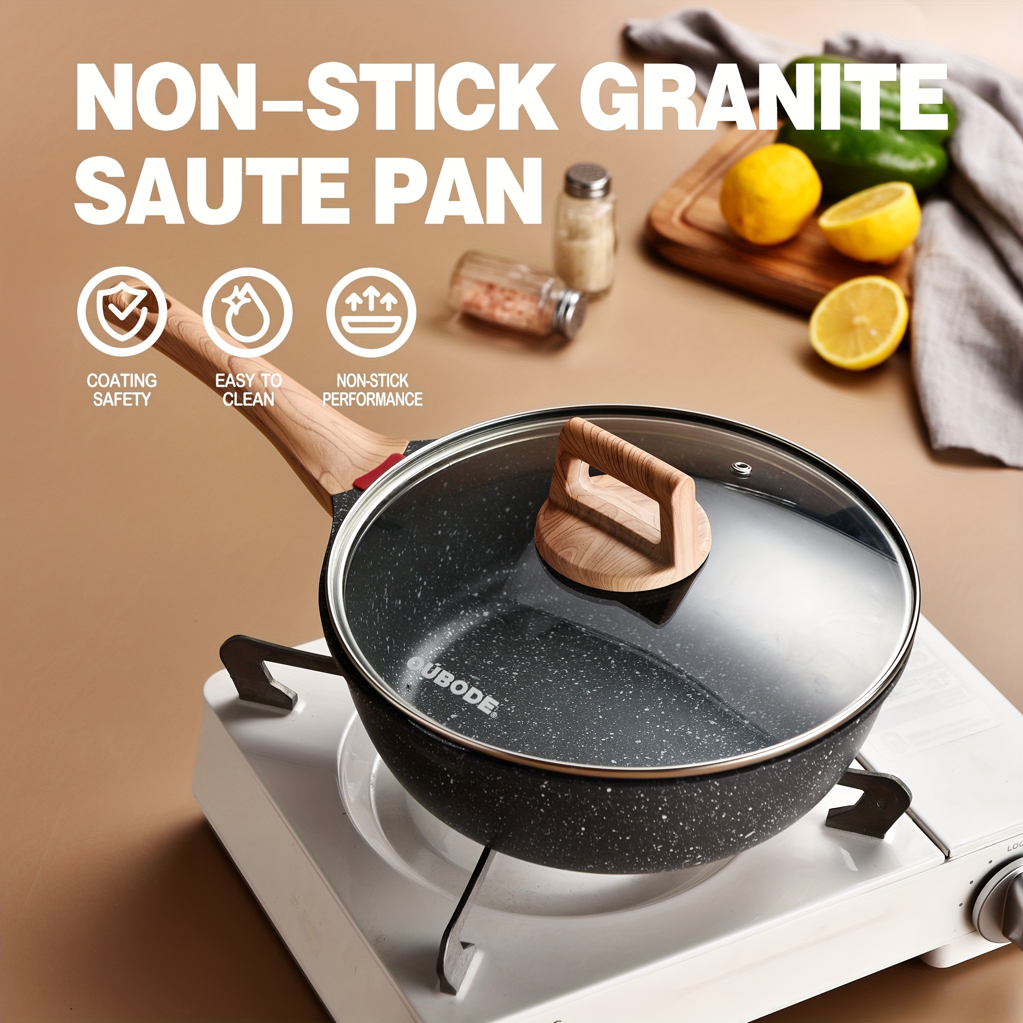 Carote 9.5-Inch Nonstick Deep Frying Pan Saute Pan with Glass Lid,Non-Stick Jumb