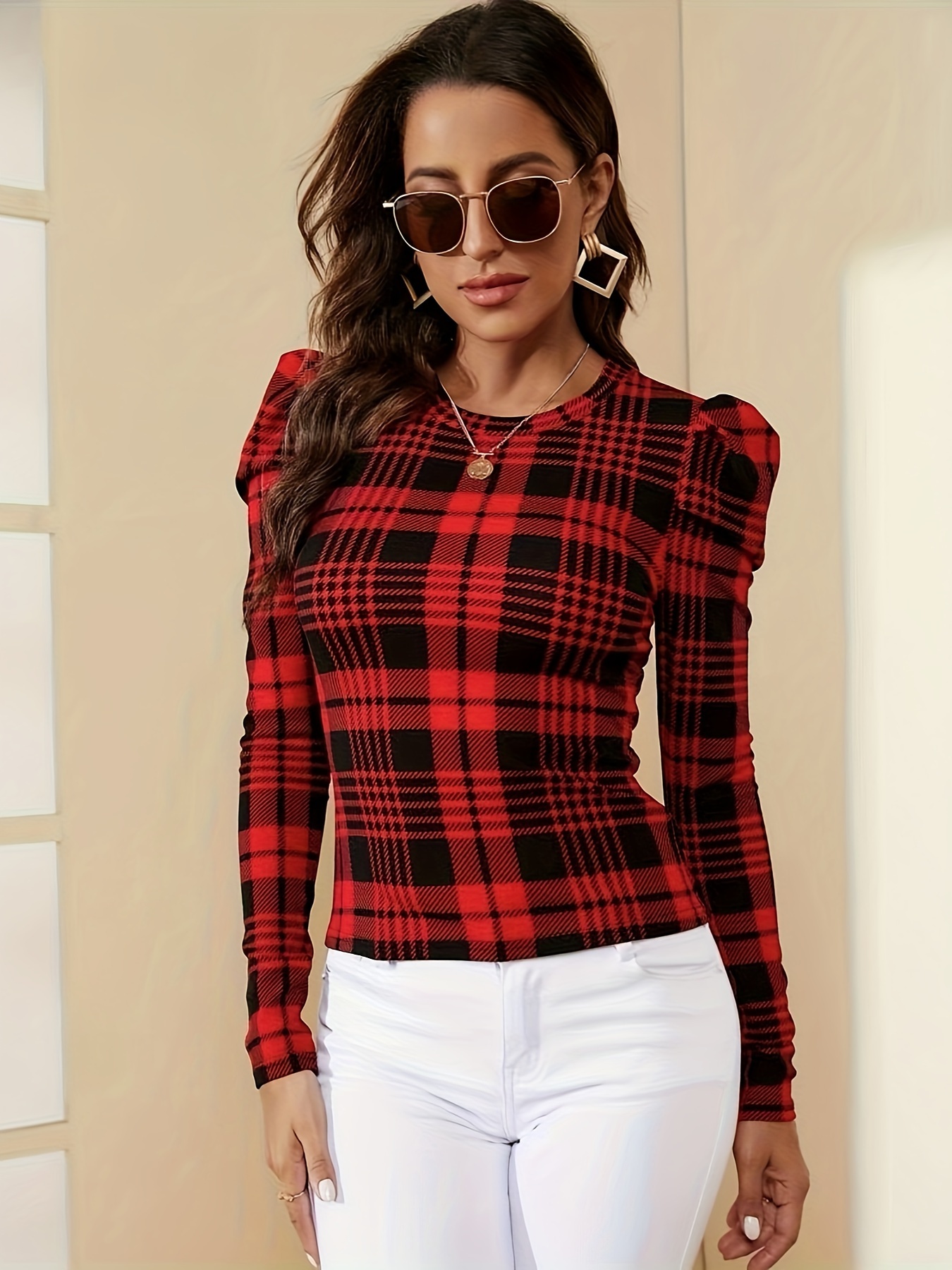 Plaid puff sleeve online blouse