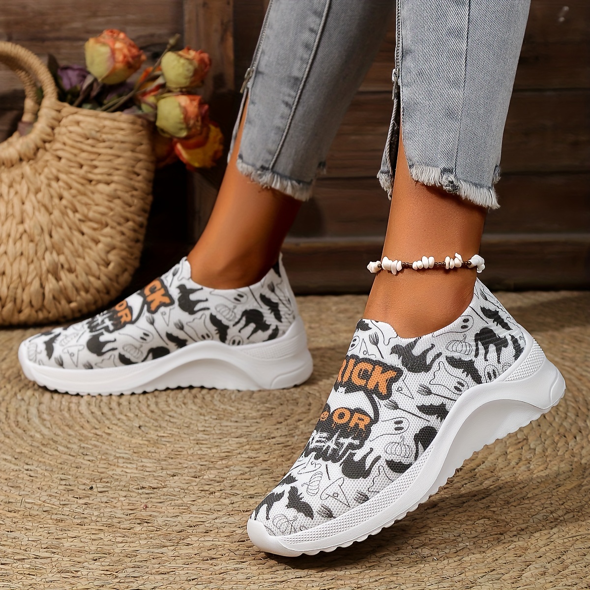 Women's Cartoon Print Knitted Sneakers, Slip On Shock Absorption Flat  Sporty Shoes, Lightweight Low-top Casual Shoes