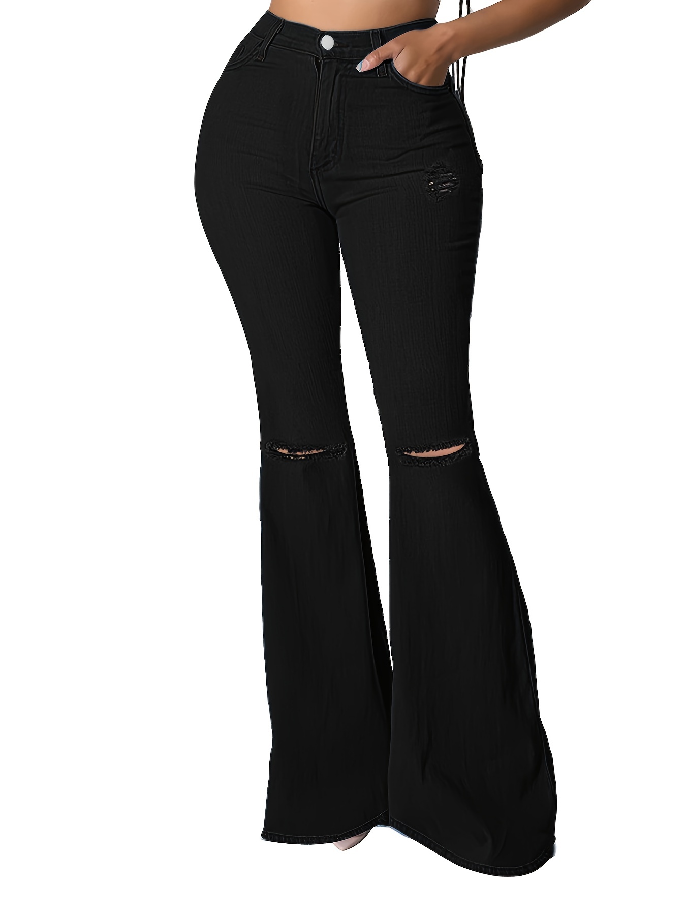 Black Ripped Flared Jeans, High Waist Distressed Bell Bottom Distressed  High * Denim Pants, Women's Denim Jeans & Clothing
