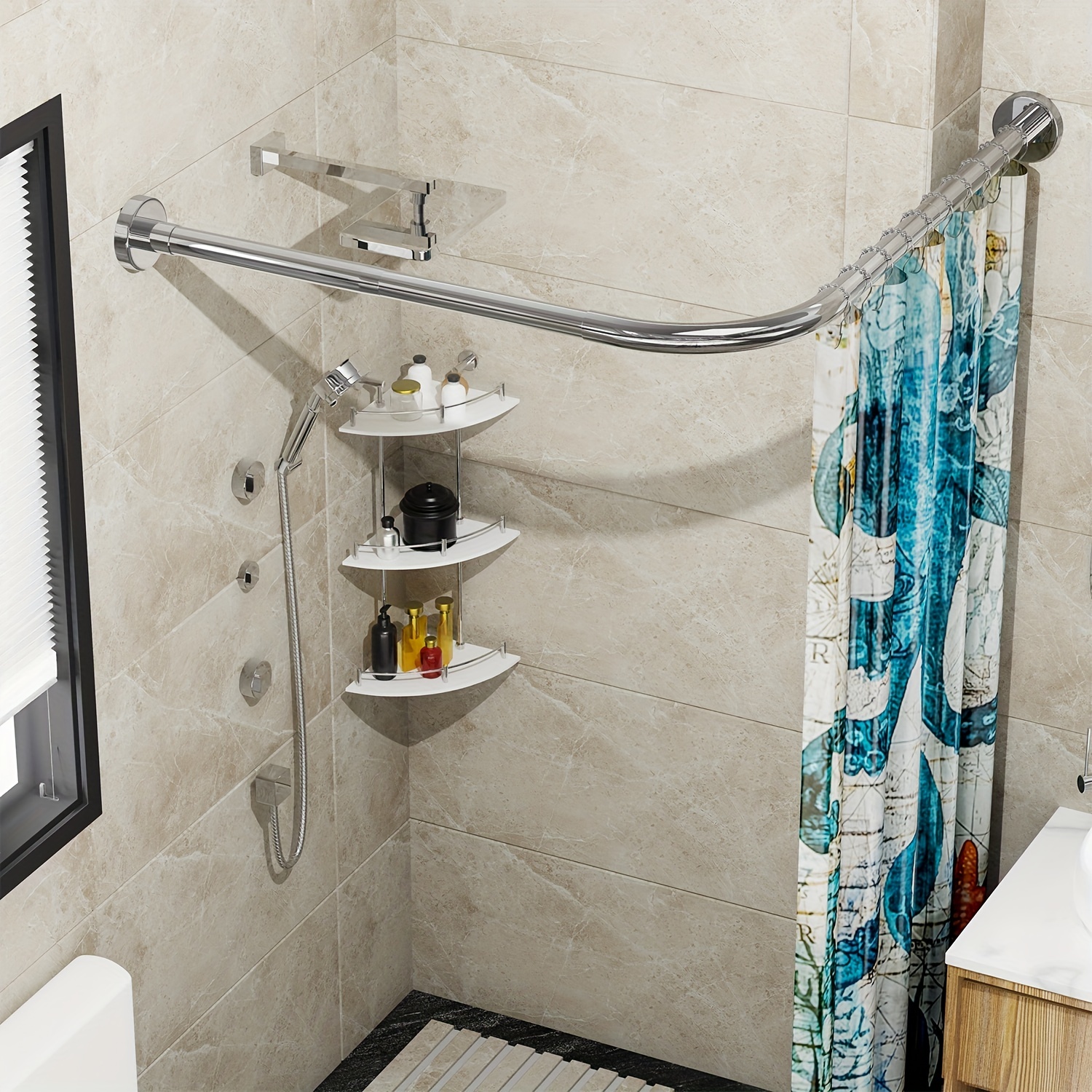 Barra de cortina de ducha de esquina, barra de ducha en forma de U de acero  inoxidable 304, barra de ducha telescópica sin perforaciones para bañera