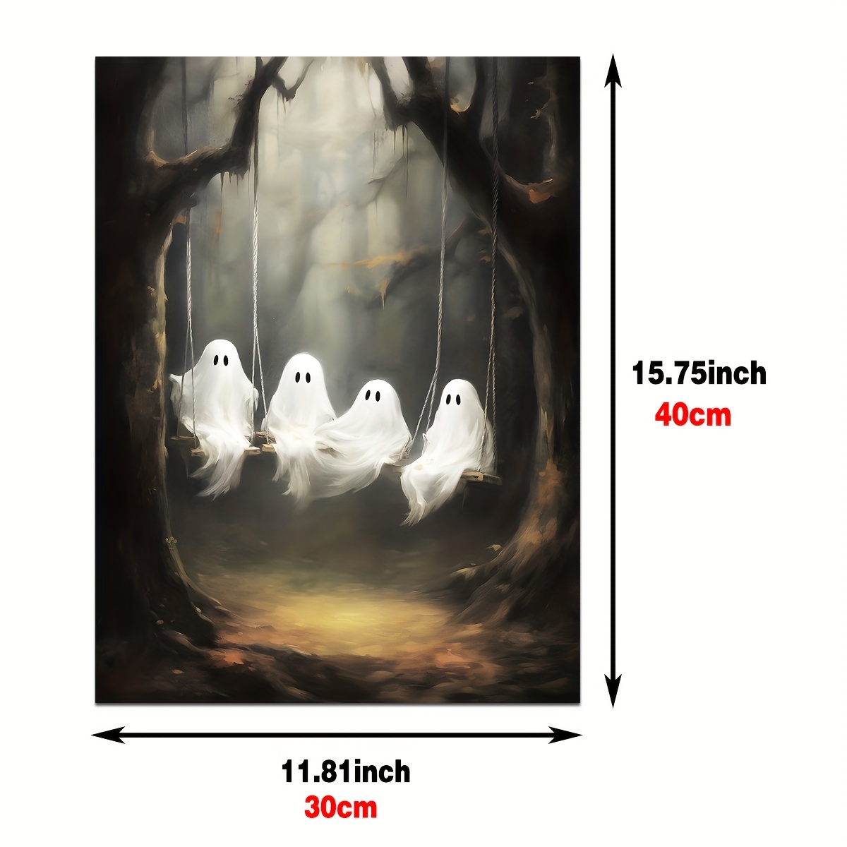 Four Cute Ghosts On A Swing In Fall Woods Print Poster, Dark