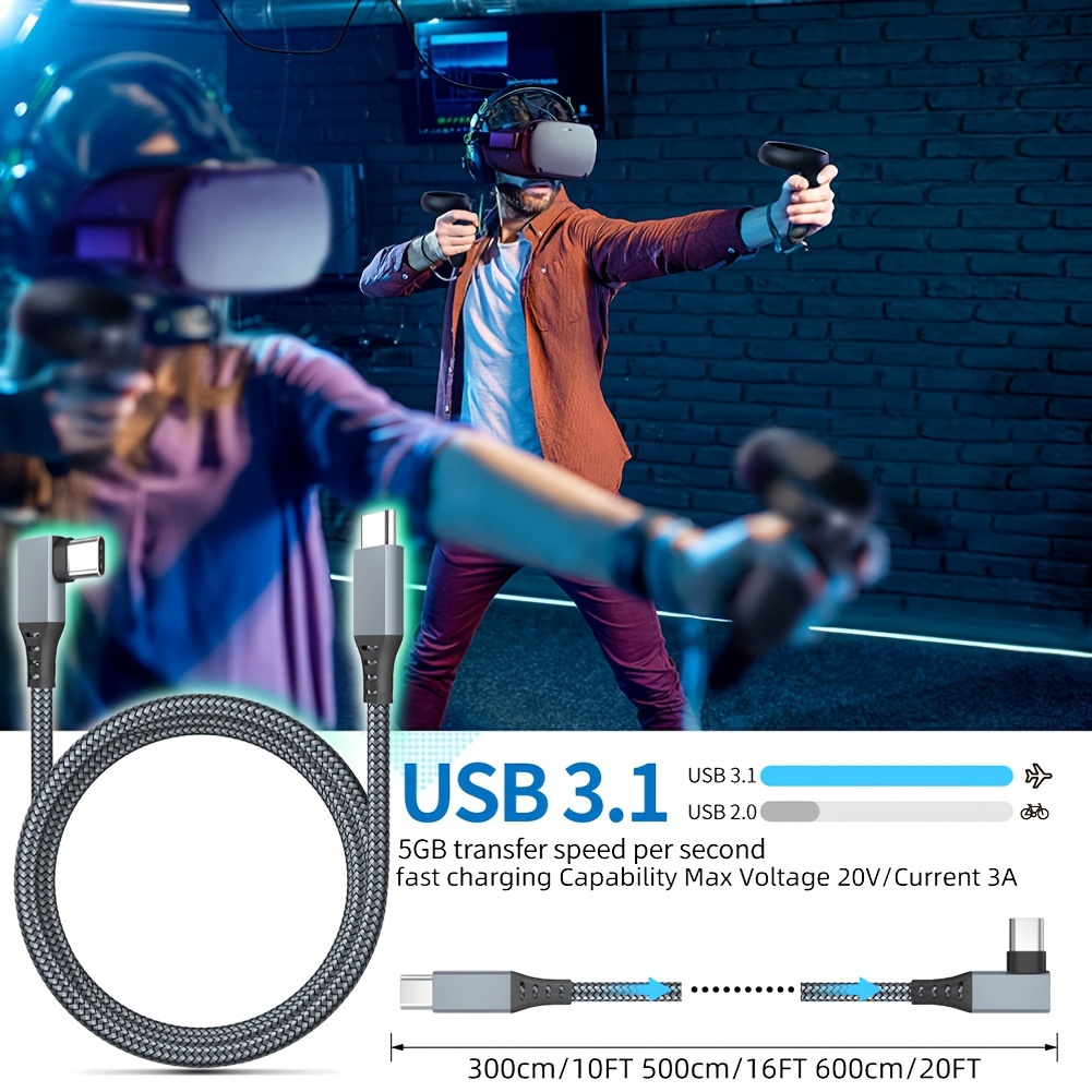 16FT Link Cable For Oculus Quest 2 Type-C 3.2 Right Angle To USB C Charging  Cord
