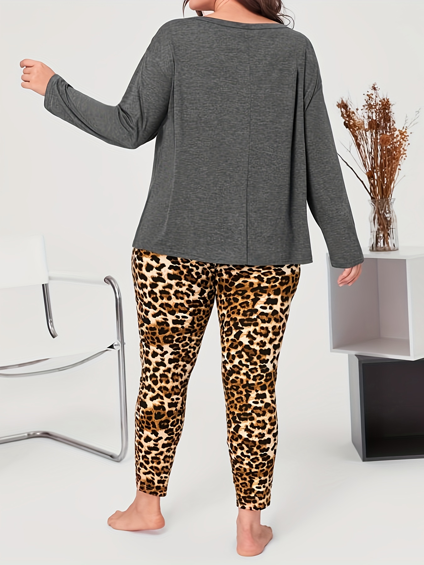 Plus Size Casual Outfits Set Women's Plus Colorblock Leopard - Temu