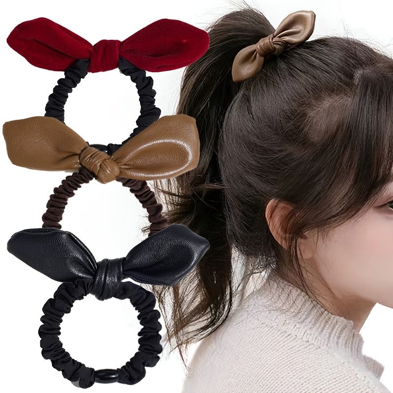 Leather Bow Rabbit Bunny Ears Hair Tie Scrunchie Elastic Ponytail Holder Rubber  Bands Headband Valentine's Day Gift - Beauty & Personal Care - Temu