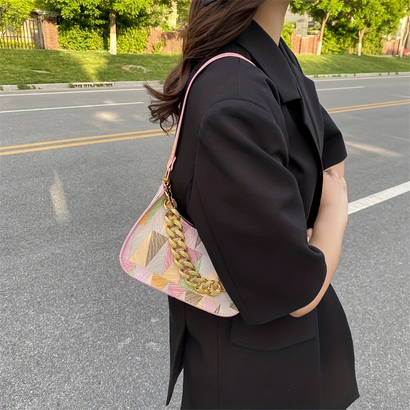 Geometric Pattern Shoulder Bag Colorful Zipper PU Leather Handbag