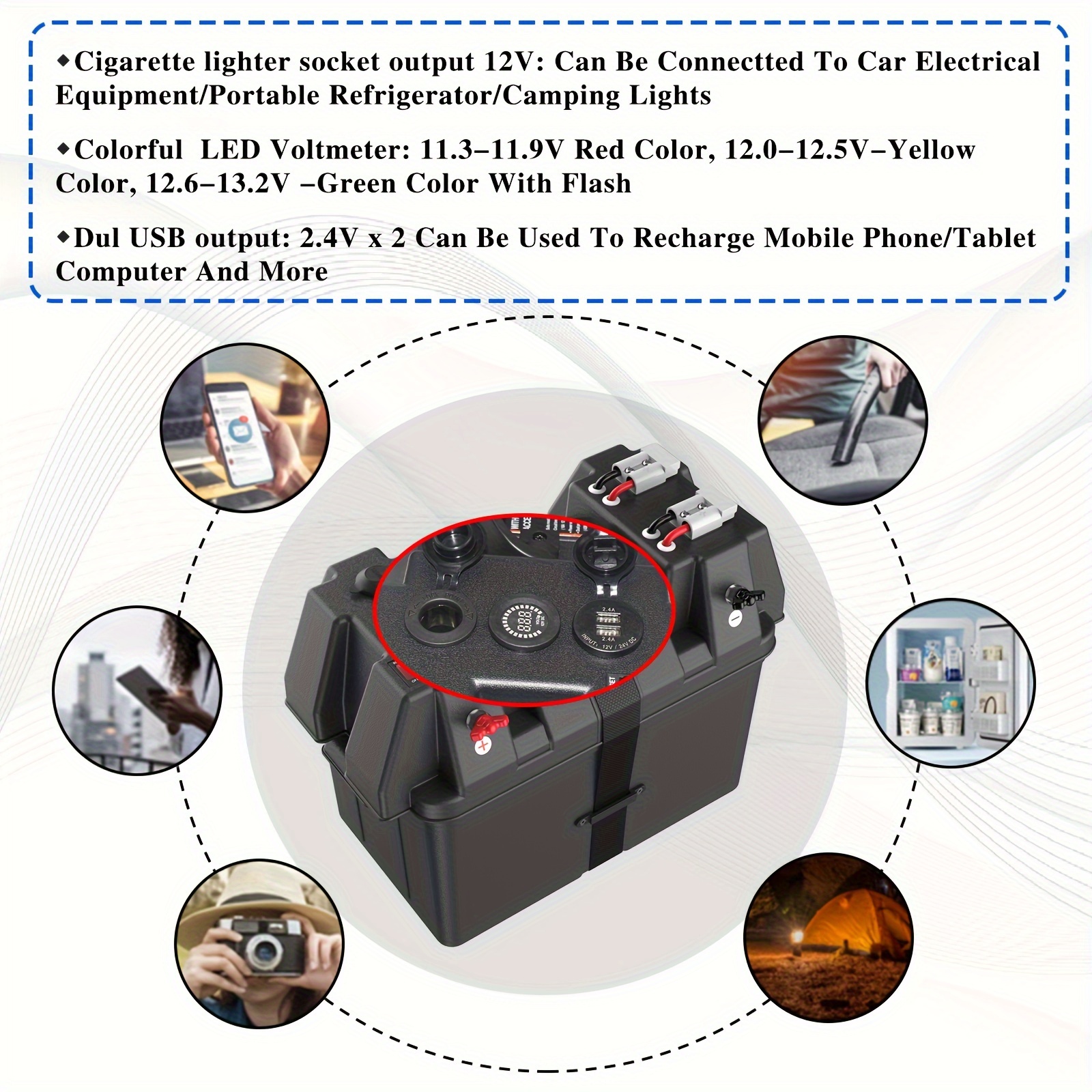 Smart Battery Box Portable With Dual Port USB/Colorful LED Voltmeter/  Anderson Plug/Power Socket/Circuit Breaker For RV Van SUV ATV Camper Truck  Car