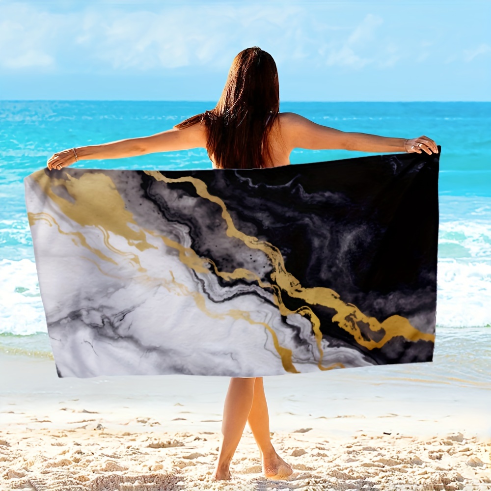 TEMU Quick-dry Microfiber Beach Towel - Lightweight, Black Marble Design For Swimming & Travel, Machine Washable
