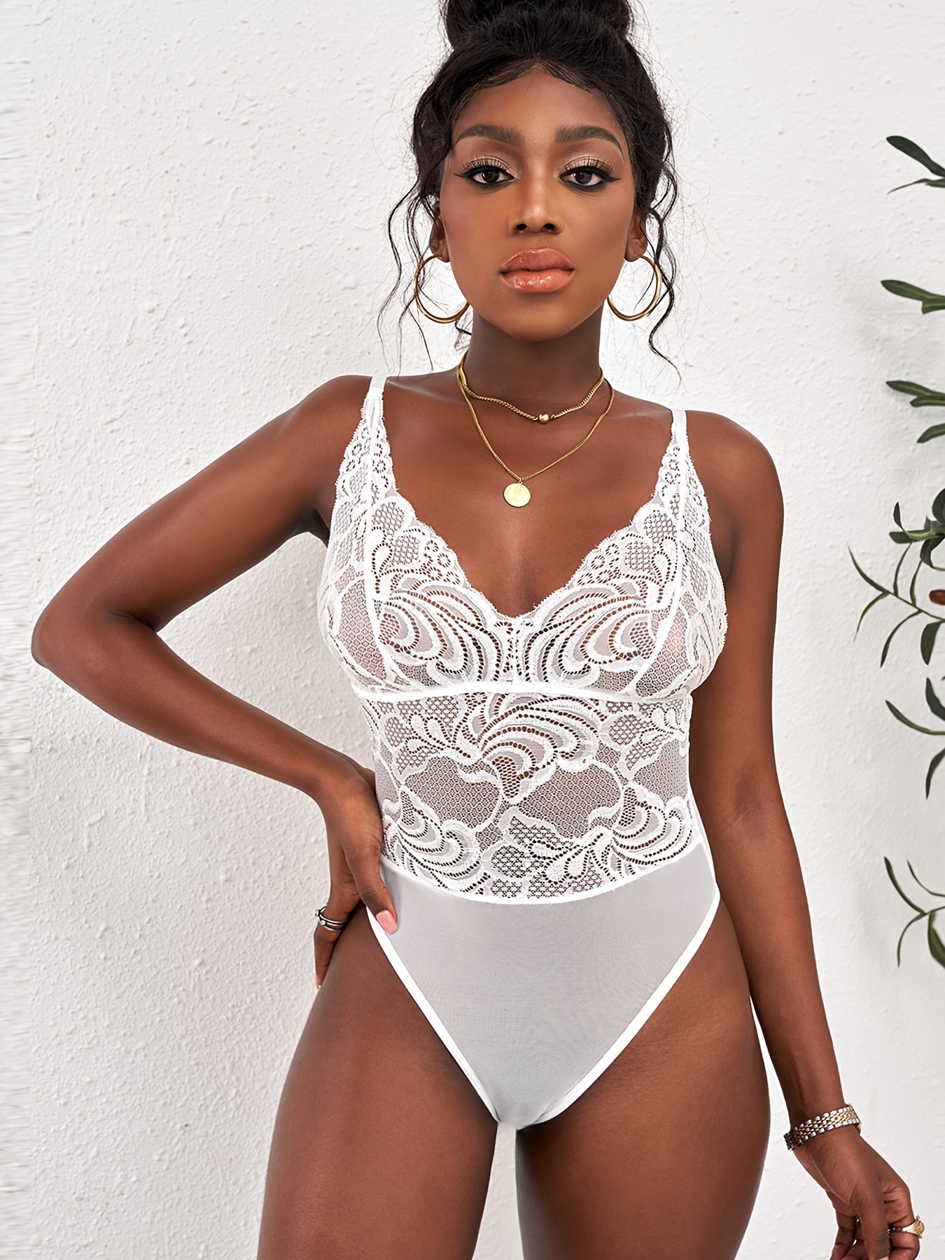 White Deep V Neck Backless Lace Teddy Lingerie Jumpsuit, Breathable  See-through Cami Bodysuit, Women's Sexy Lingerie & Underwear