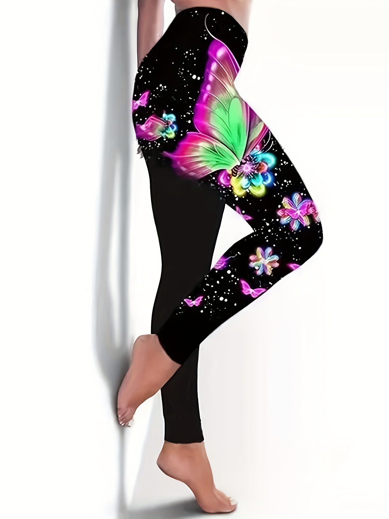 Womens Compression Leggings Casual Fashion Tights Sports Yoga Pants  Colorful Flower Butterfly Print Running Leggings For Women 