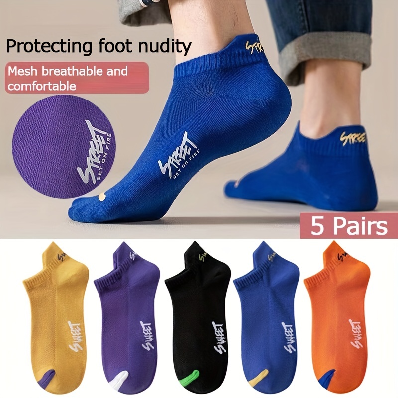

5 Pairs Set Men's Summer Fashion Solid Color Letter Ankle Socks, High Quality Elastic Mesh Breathable Deodorant Short Socks