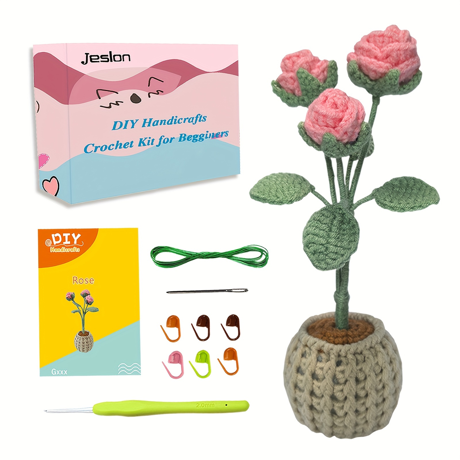 Beginners Crochet Kit Easy Yarn Knitted Rose Potted Plants - Temu